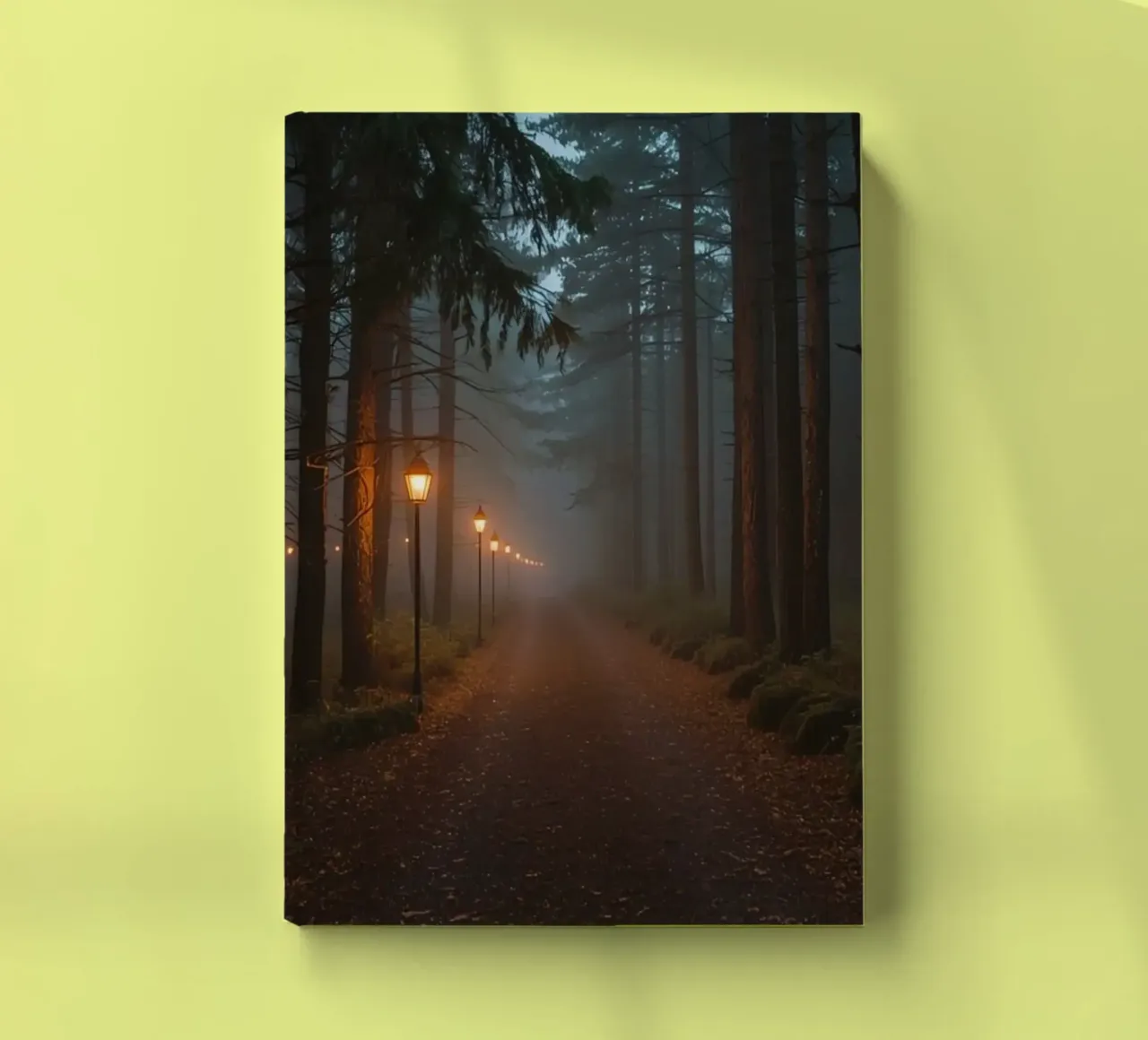 Dark Forest Path with Lanterns in Mist notebook by DesignDoodle