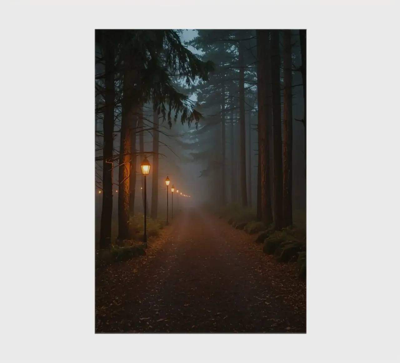 Dark Forest Path with Lanterns in Mist notebook by DesignDoodle