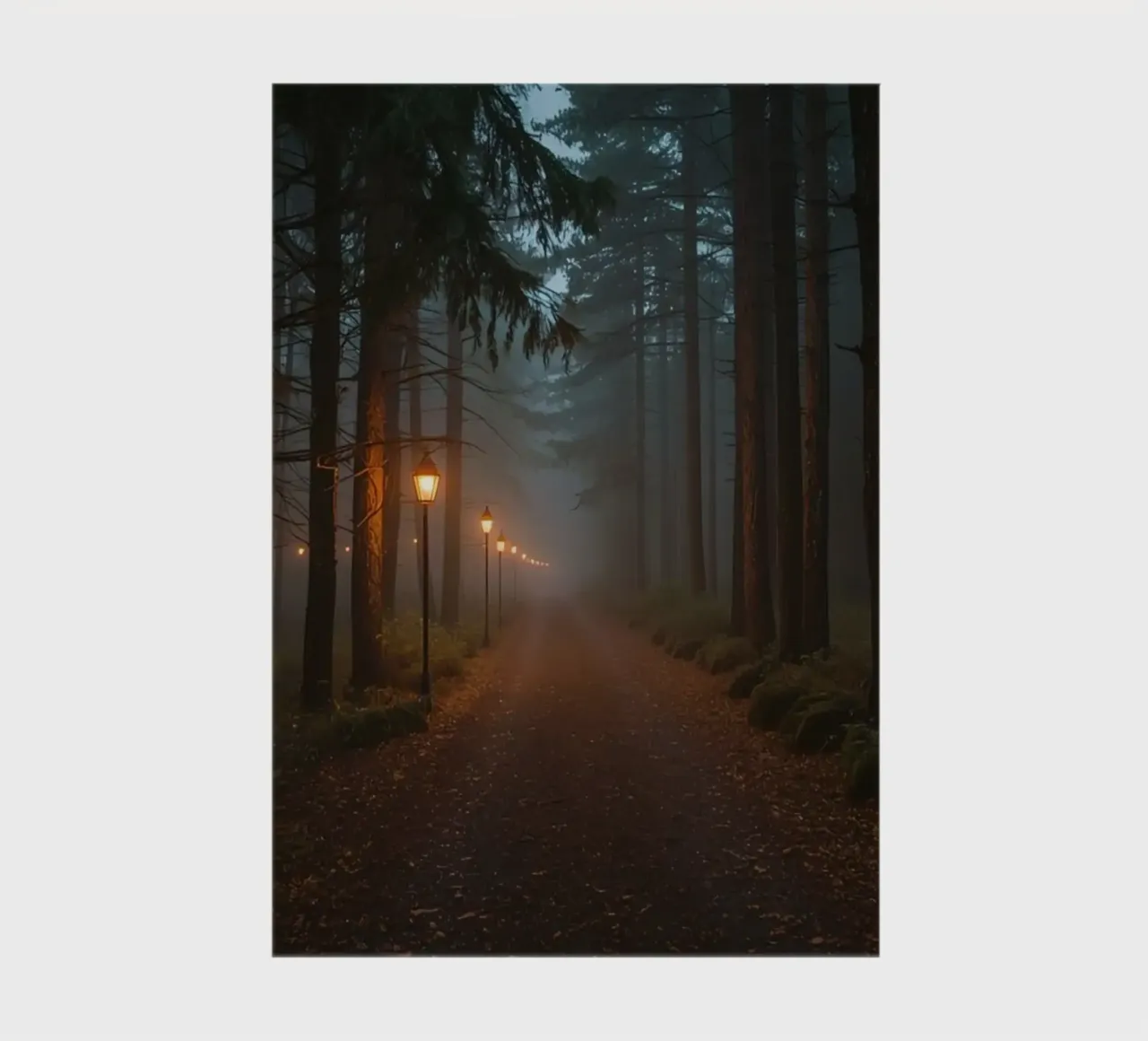 Dark Forest Path with Lanterns in Mist notebook by DesignDoodle