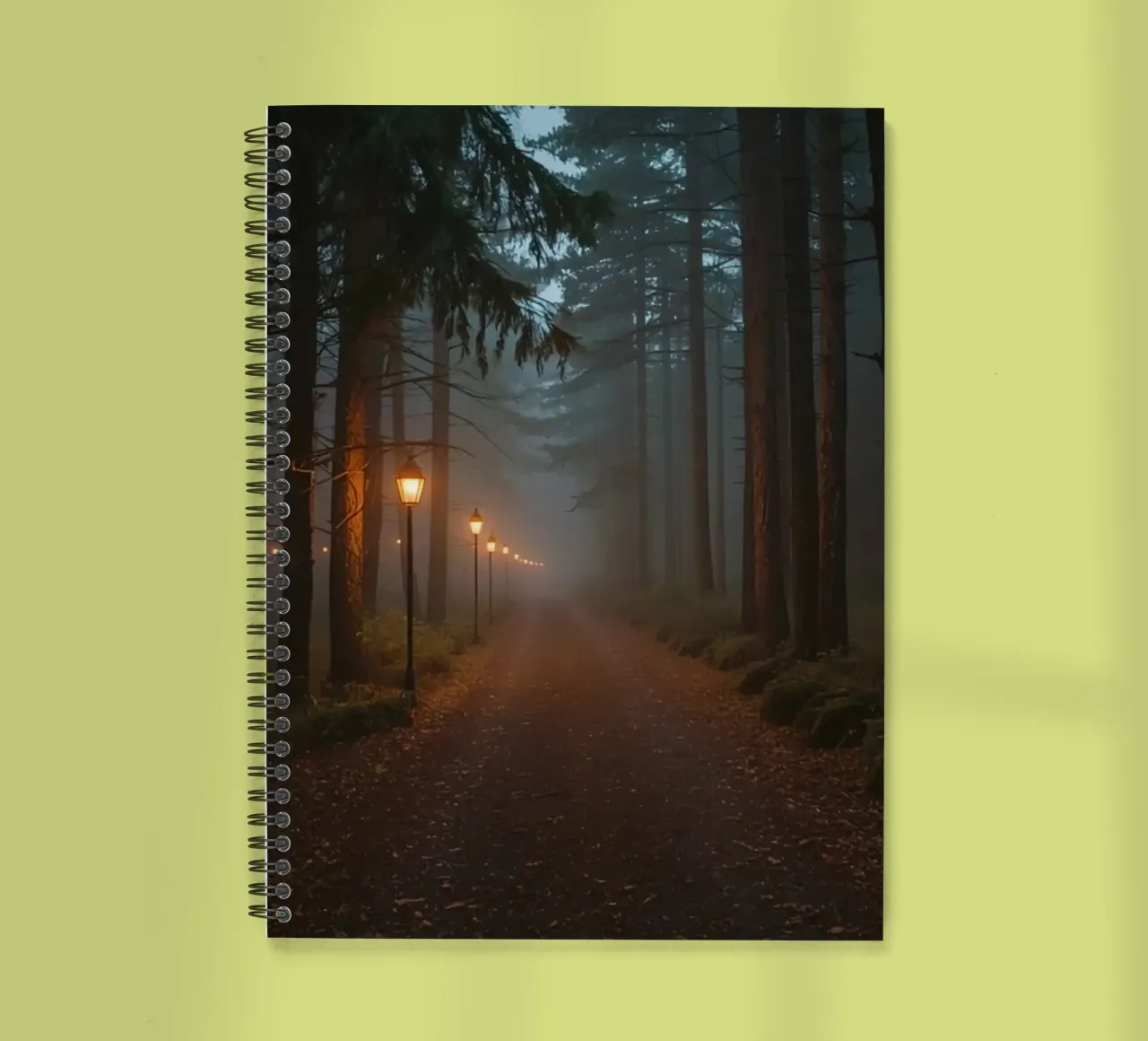 Dark Forest Path with Lanterns in Mist spiral notebook by DesignDoodle