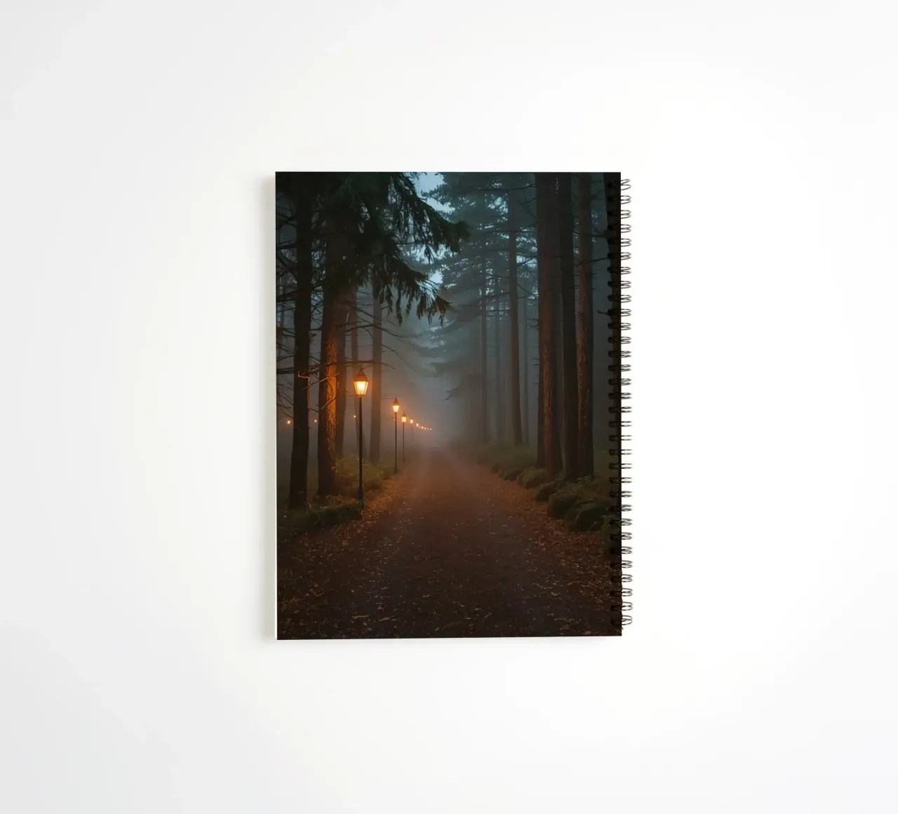 Dark Forest Path with Lanterns in Mist spiral notebook by DesignDoodle