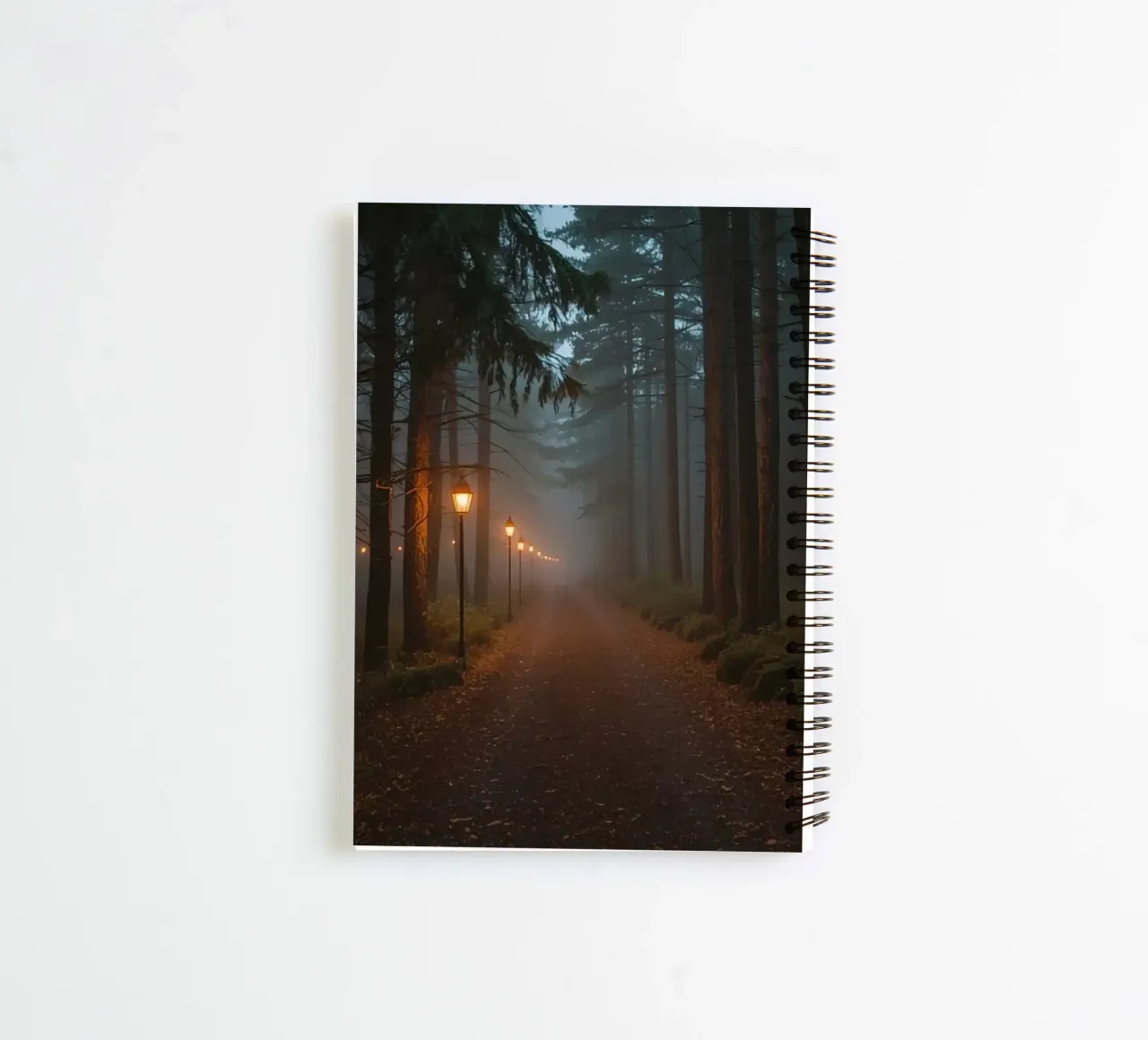 Dark Forest Path with Lanterns in Mist spiral notebook by DesignDoodle
