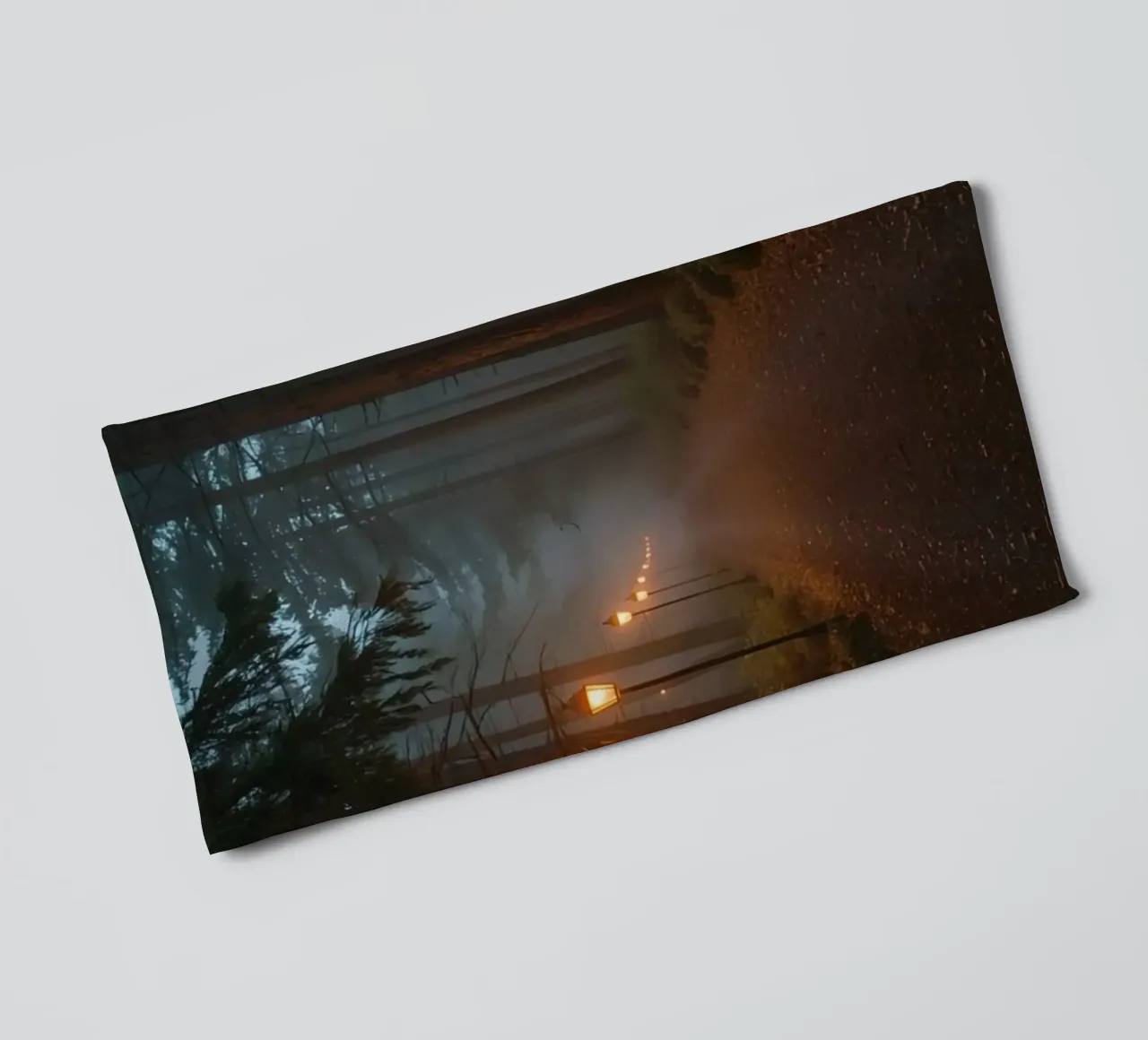 Dark Forest Path with Lanterns in Mist towel by DesignDoodle