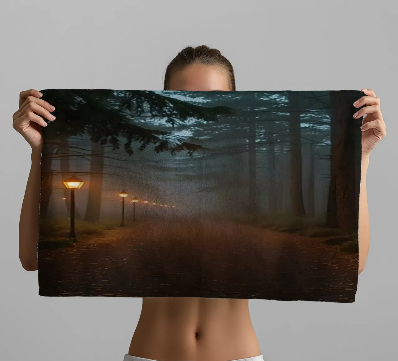 Dark Forest Path with Lanterns in Mist towel by DesignDoodle