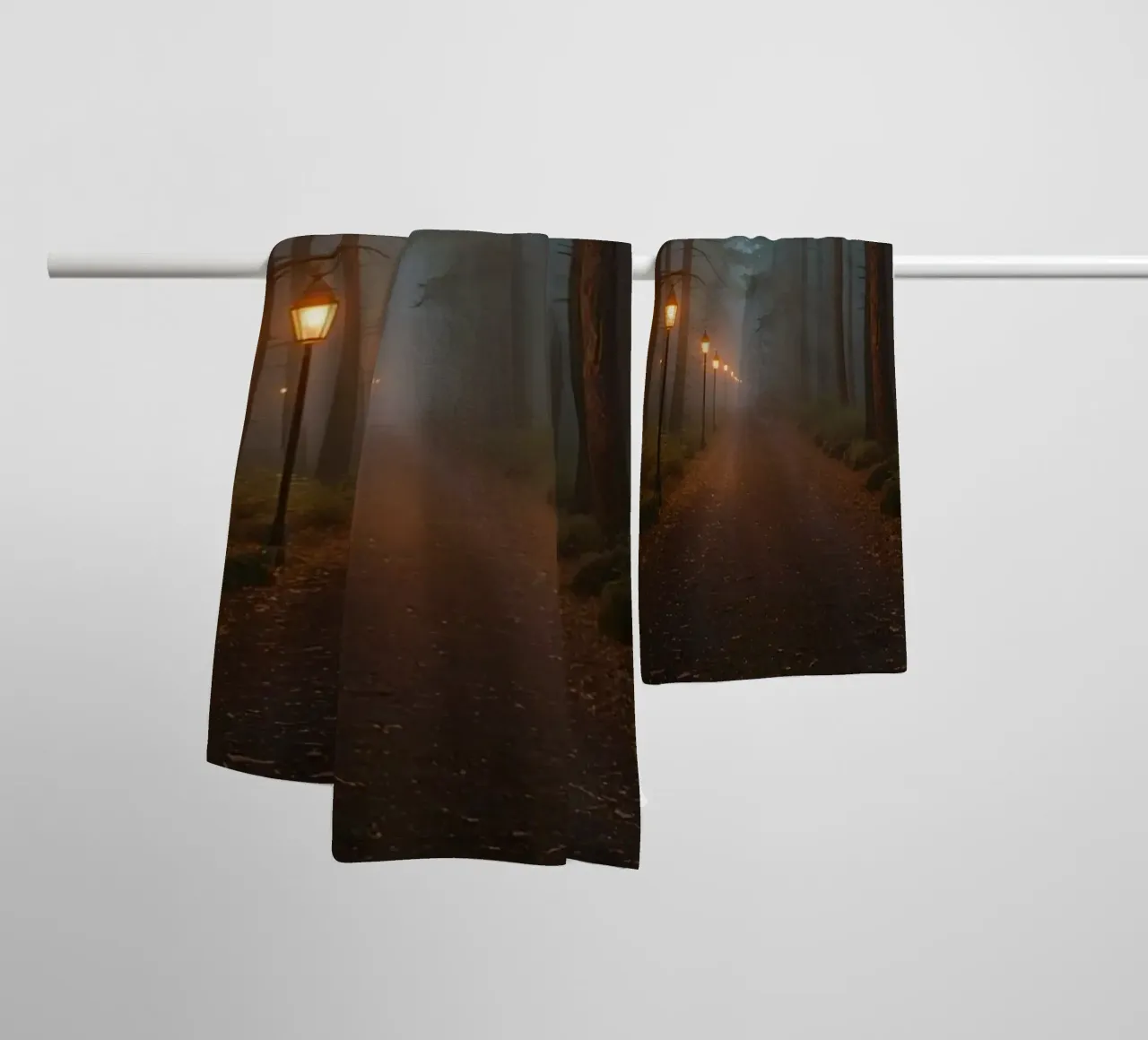 Dark Forest Path with Lanterns in Mist towel by DesignDoodle
