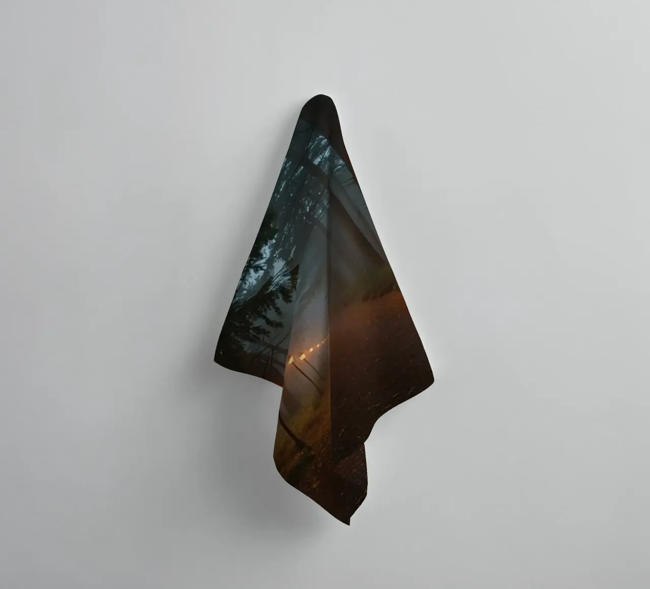 Dark Forest Path with Lanterns in Mist towel by DesignDoodle
