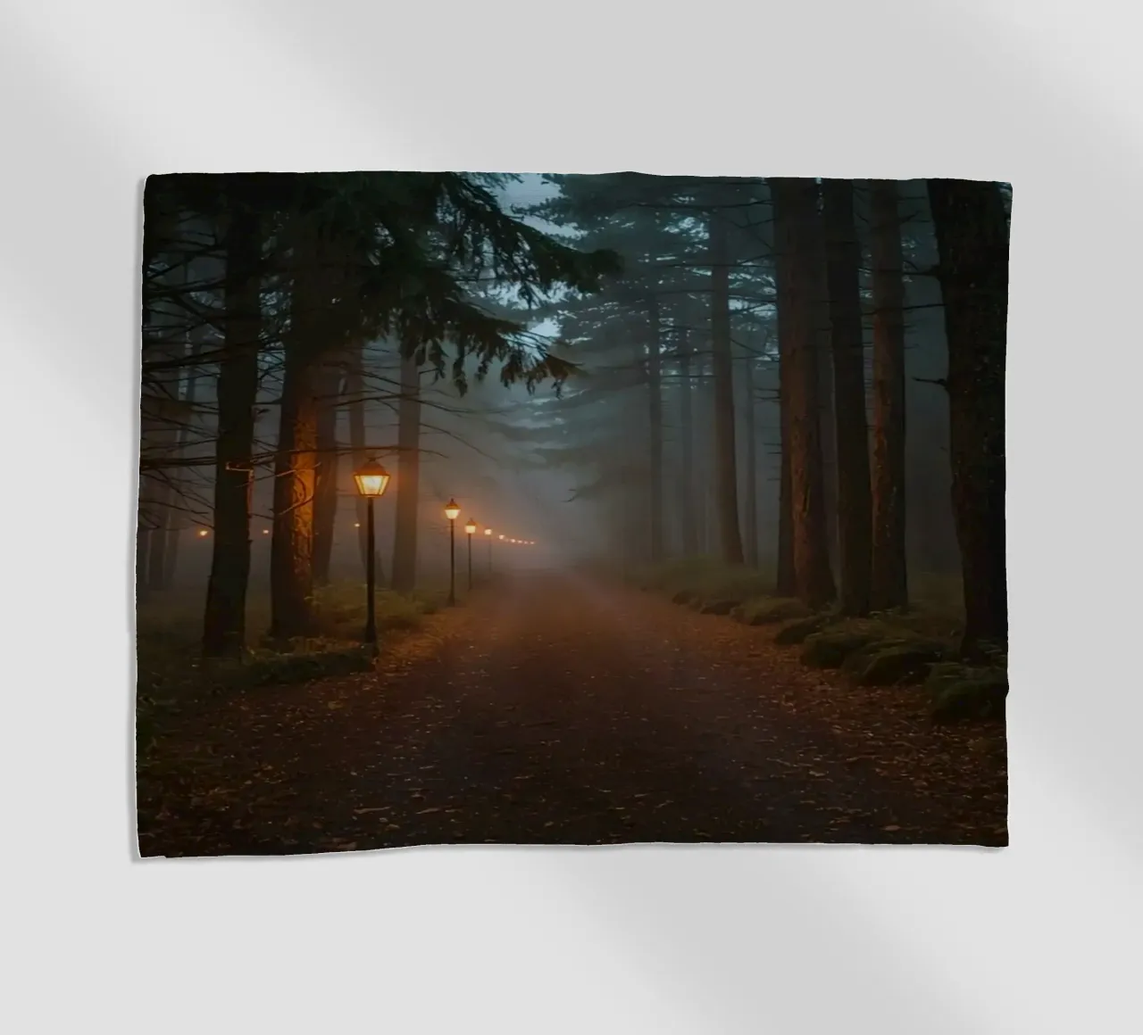 Dark Forest Path with Lanterns in Mist beach towel by DesignDoodle