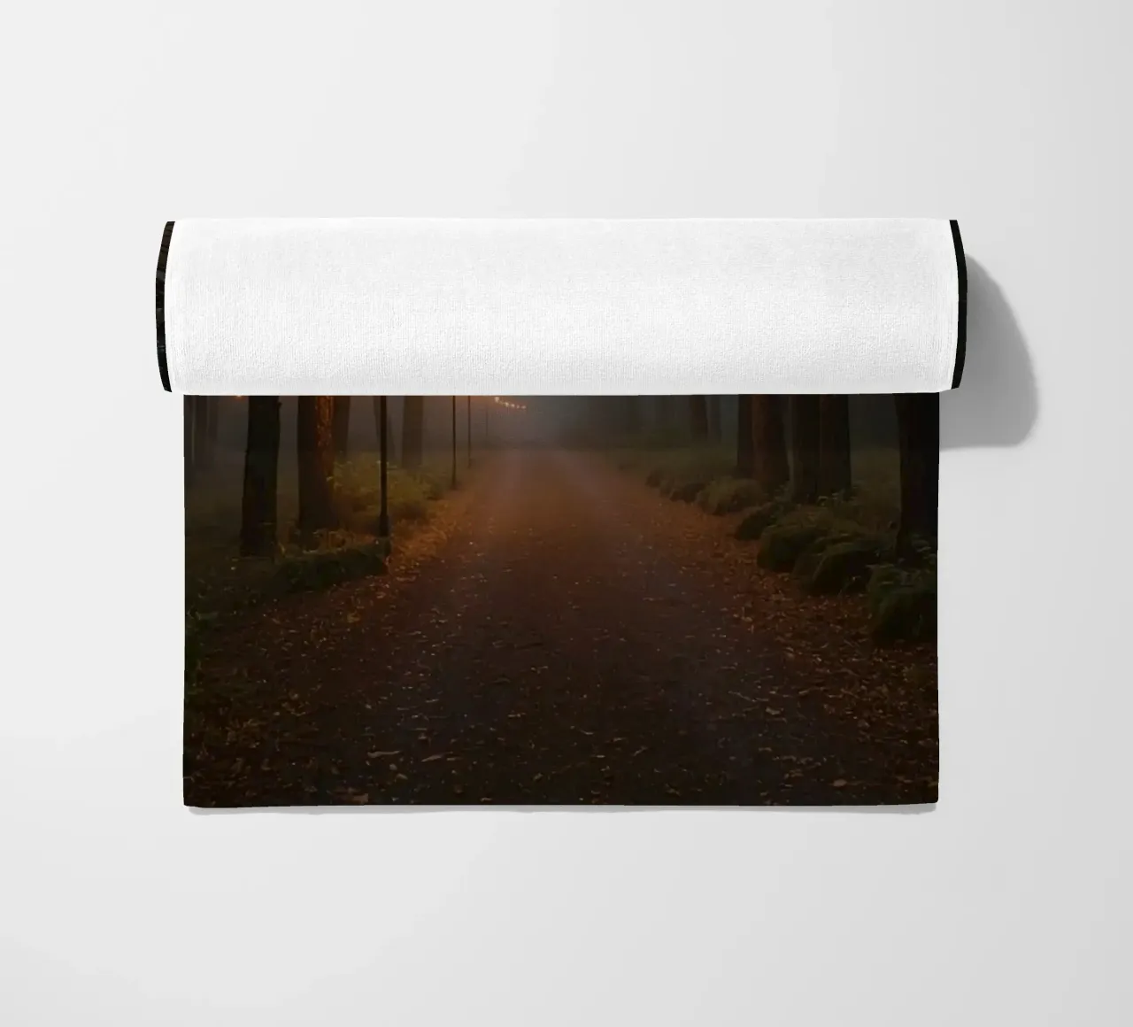 Dark Forest Path with Lanterns in Mist beach towel by DesignDoodle