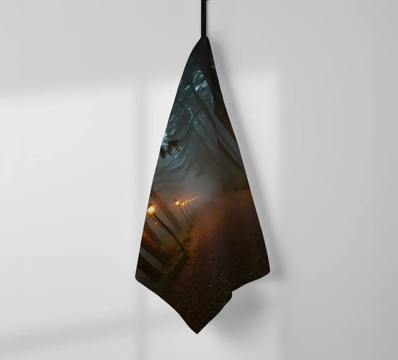 Dark Forest Path with Lanterns in Mist tea towel by DesignDoodle