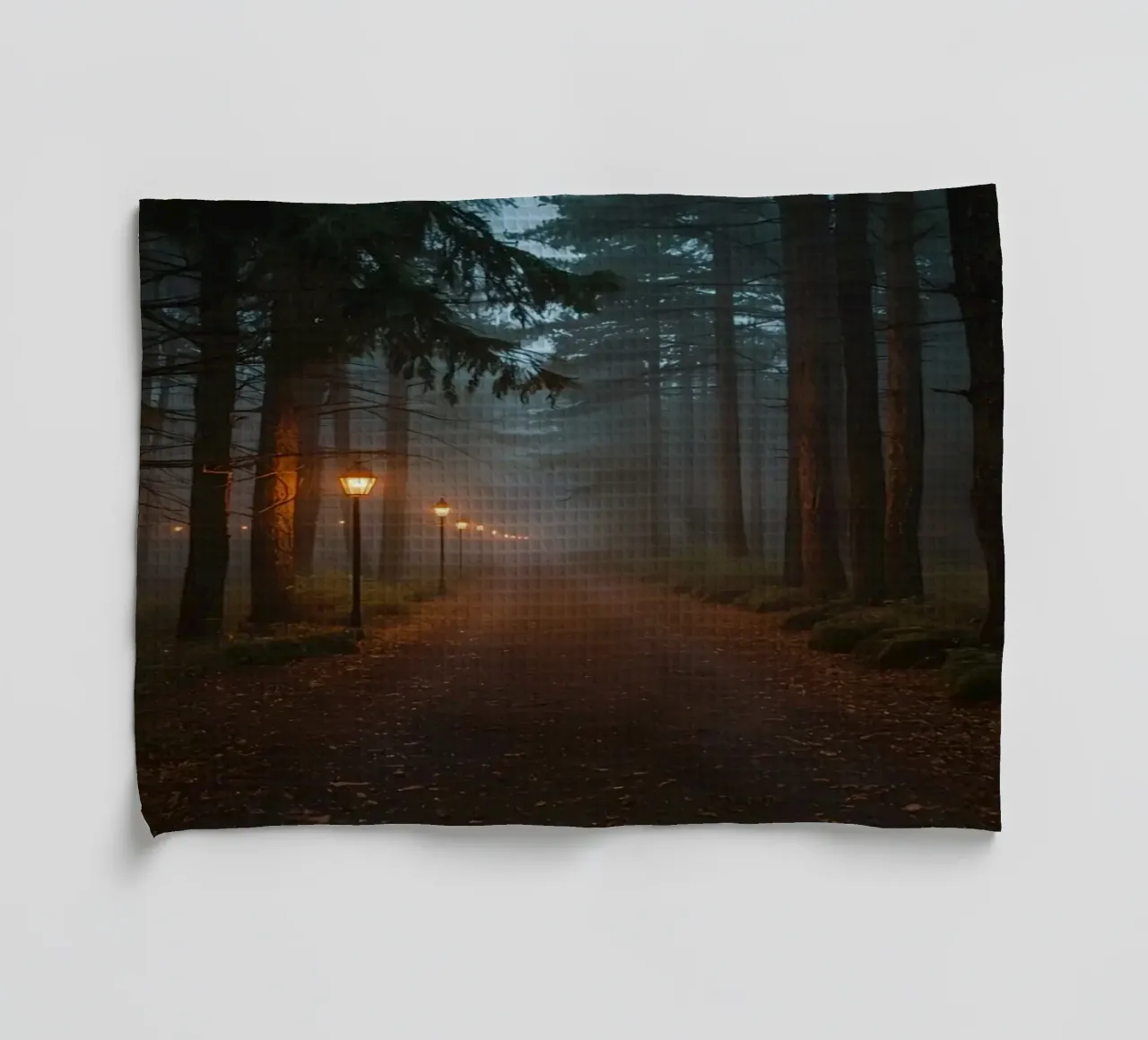 Dark Forest Path with Lanterns in Mist tea towel by DesignDoodle
