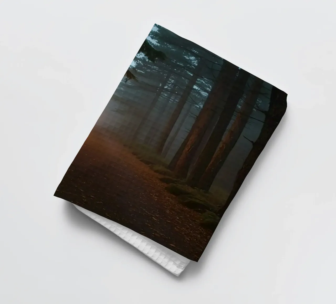 Dark Forest Path with Lanterns in Mist tea towel by DesignDoodle
