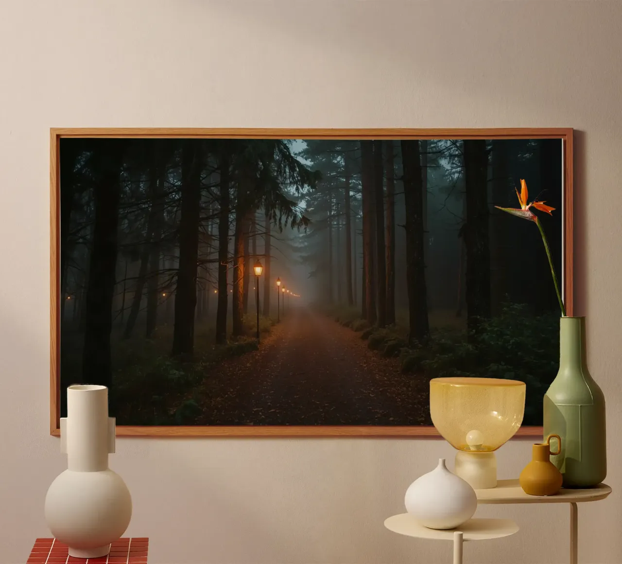 Dark Forest Path with Lanterns in Mist alu-dibond by DesignDoodle