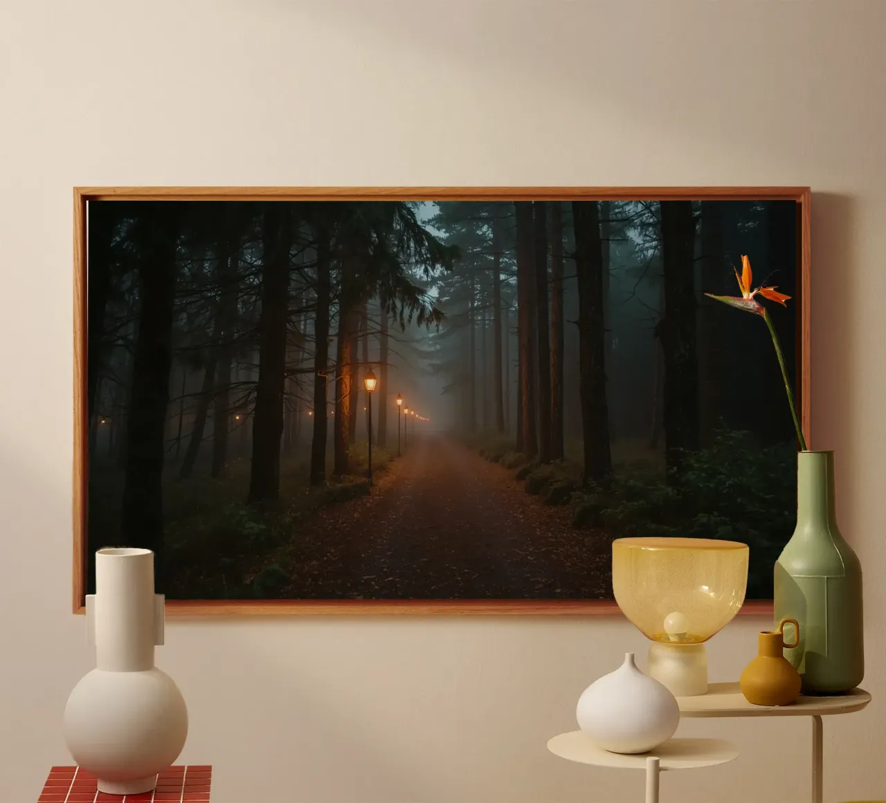 Dark Forest Path with Lanterns in Mist canvas by DesignDoodle