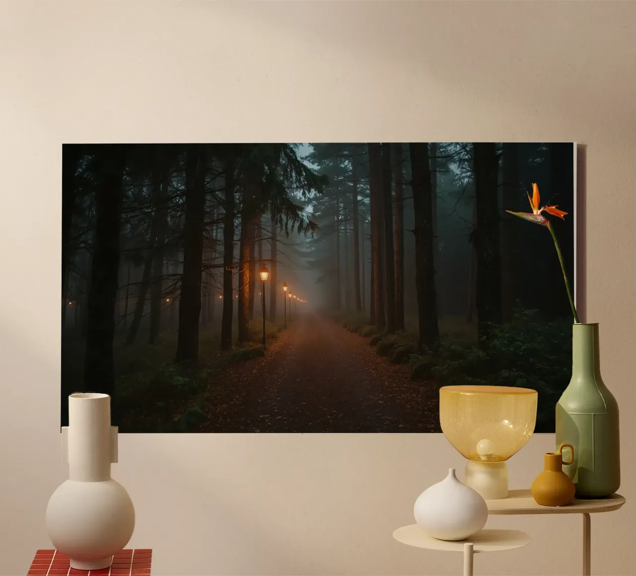 Dark Forest Path with Lanterns in Mist canvas by DesignDoodle