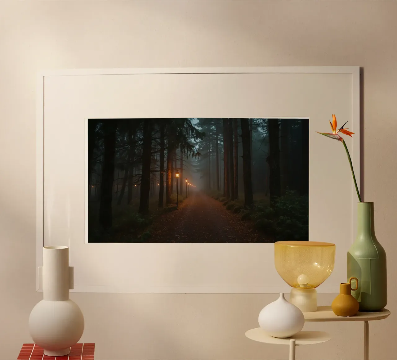 Dark Forest Path with Lanterns in Mist hahnemühle by DesignDoodle