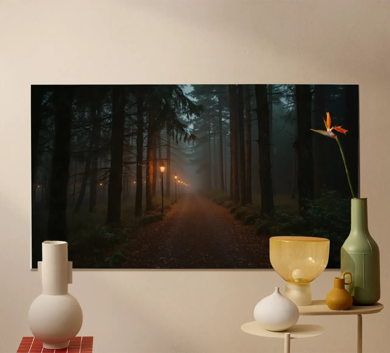 Dark Forest Path with Lanterns in Mist hahnemühle by DesignDoodle