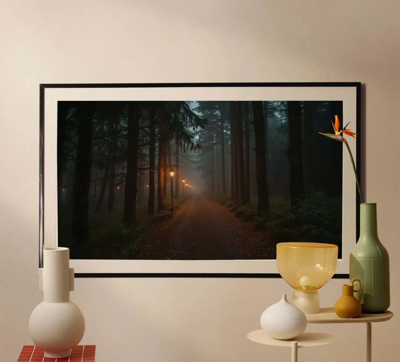 Dark Forest Path with Lanterns in Mist hahnemühle by DesignDoodle