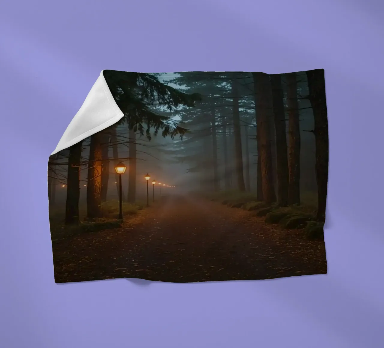 Dark Forest Path with Lanterns in Mist fleece blanket by DesignDoodle