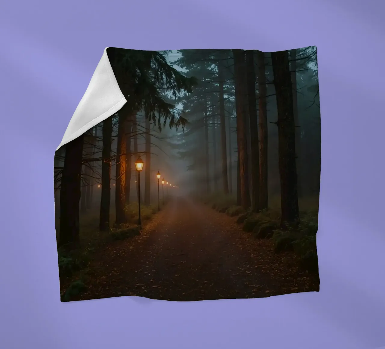 Dark Forest Path with Lanterns in Mist fleece blanket by DesignDoodle
