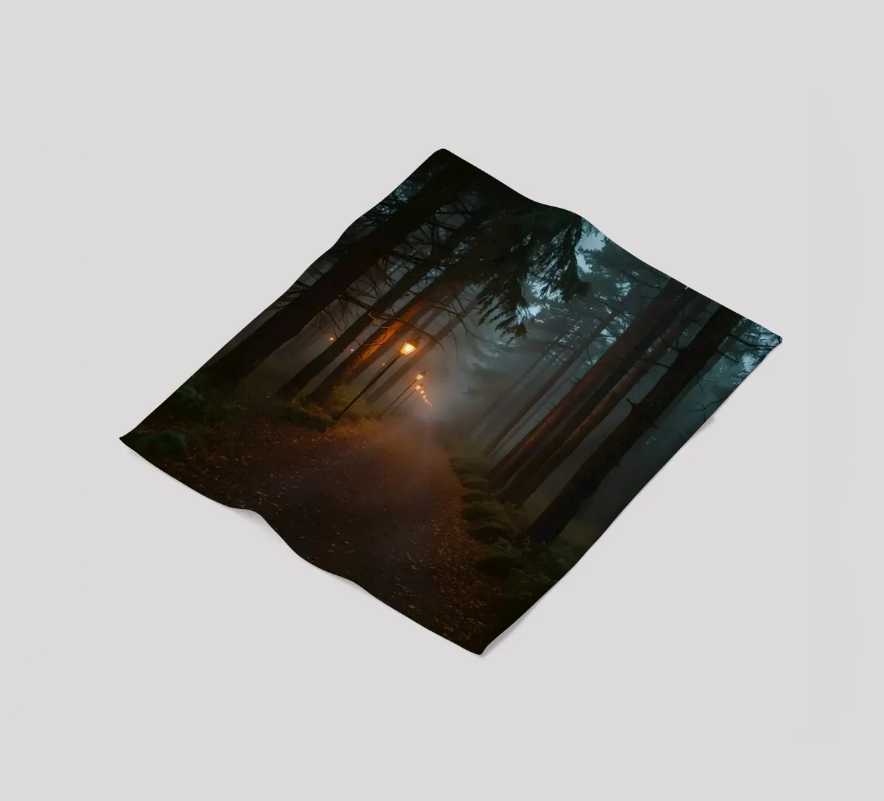Dark Forest Path with Lanterns in Mist fleece blanket by DesignDoodle