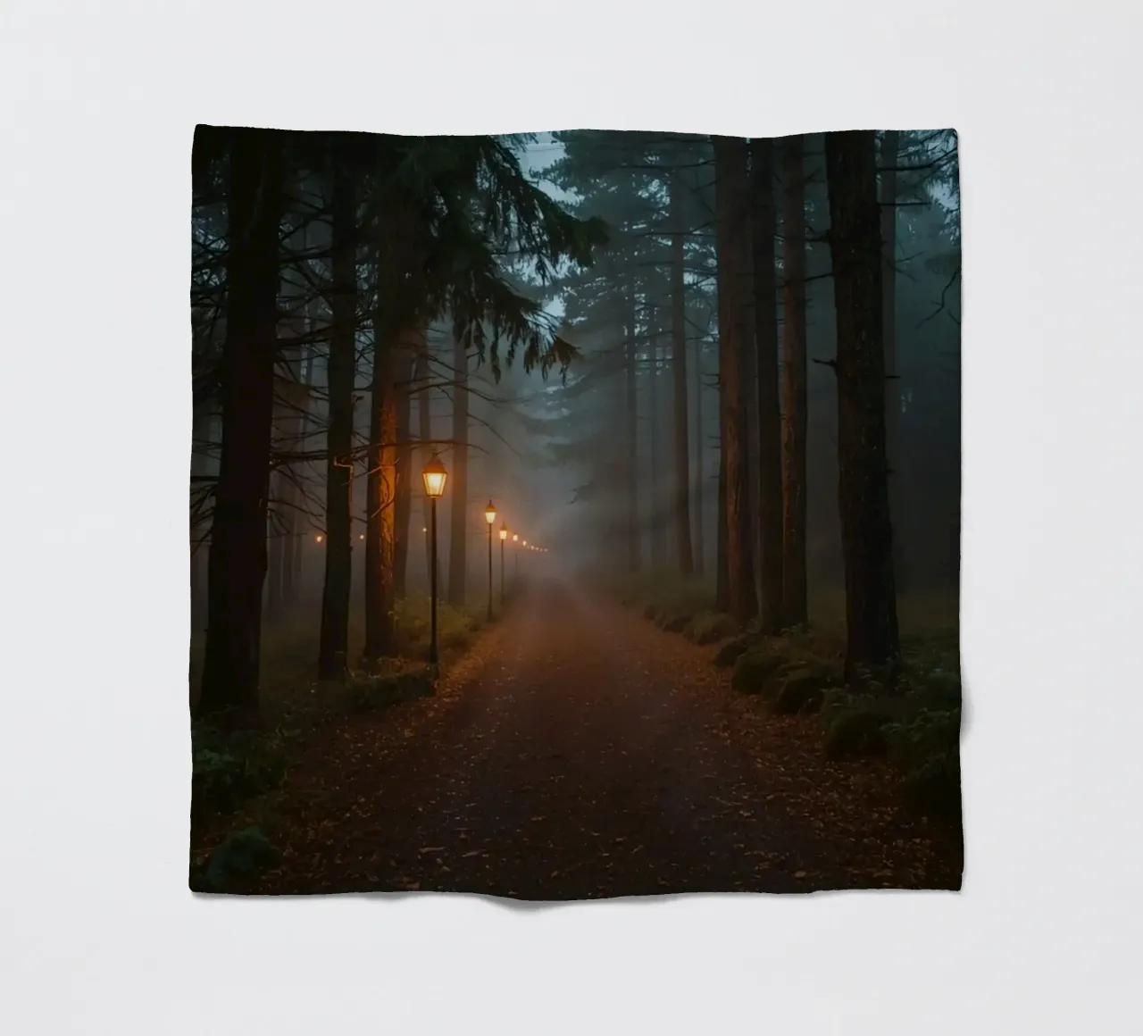 Dark Forest Path with Lanterns in Mist fleece blanket by DesignDoodle