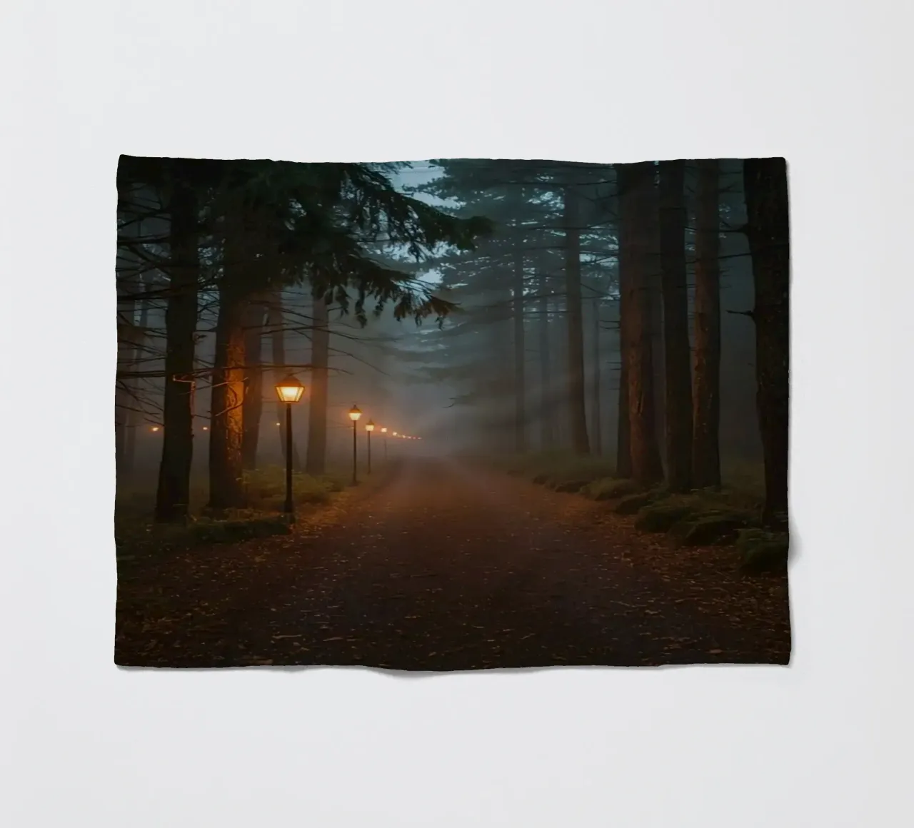 Dark Forest Path with Lanterns in Mist fleece blanket by DesignDoodle