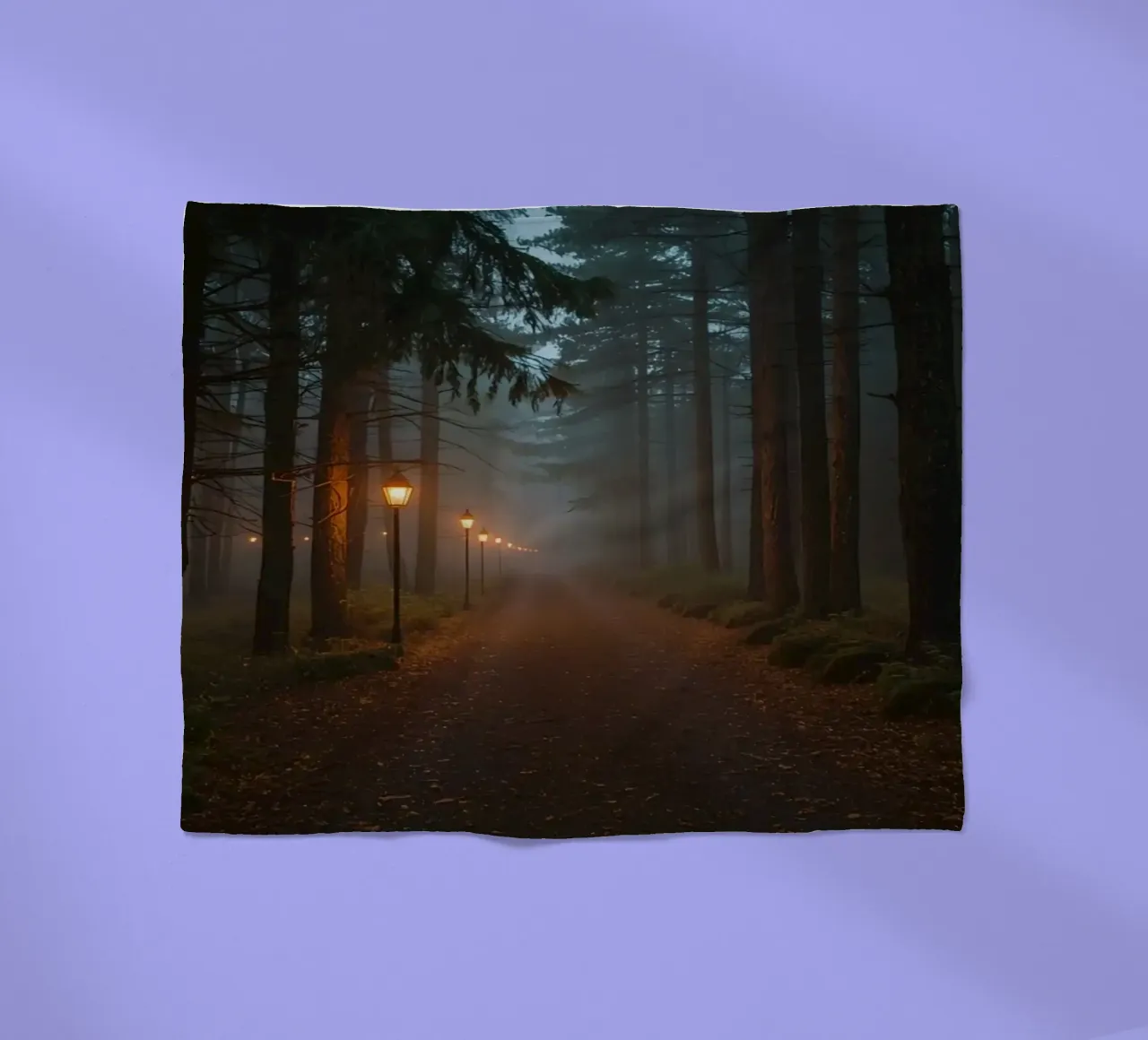 Dark Forest Path with Lanterns in Mist fleece blanket by DesignDoodle