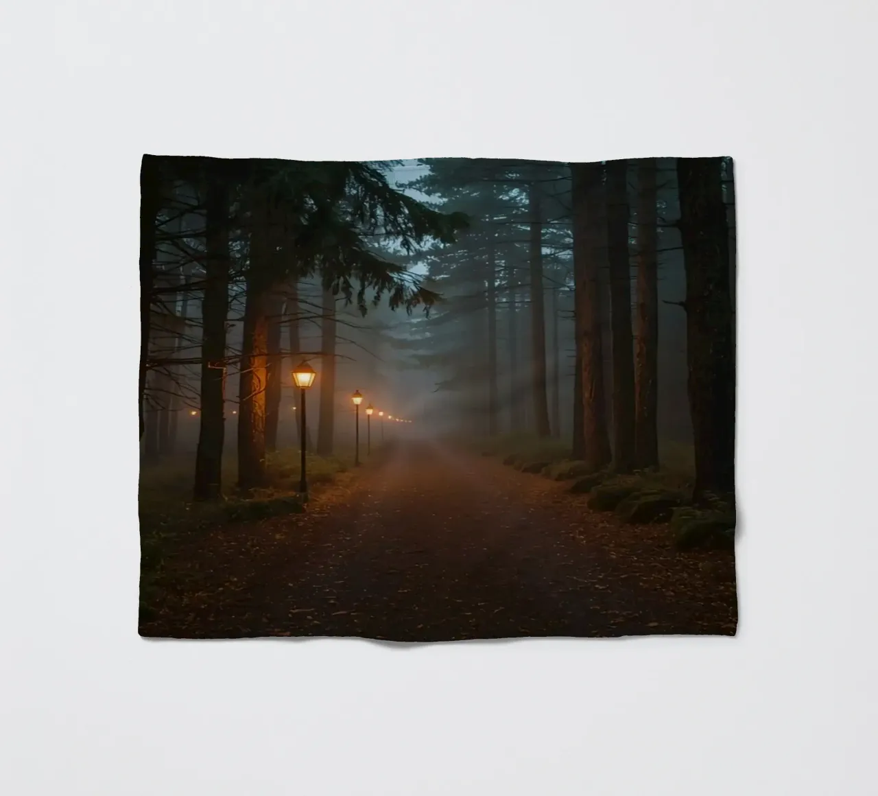Dark Forest Path with Lanterns in Mist fleece blanket by DesignDoodle