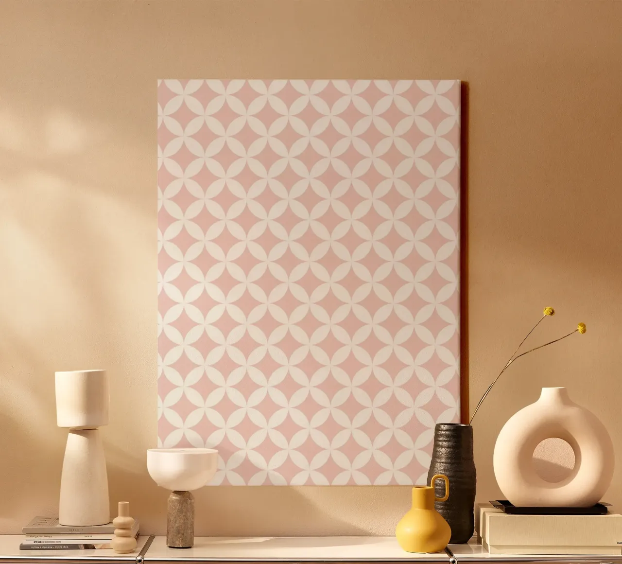 Minimal Geometric Flower Pattern 2 | White on Dusty Blush canvas by Beauty in Simplicity