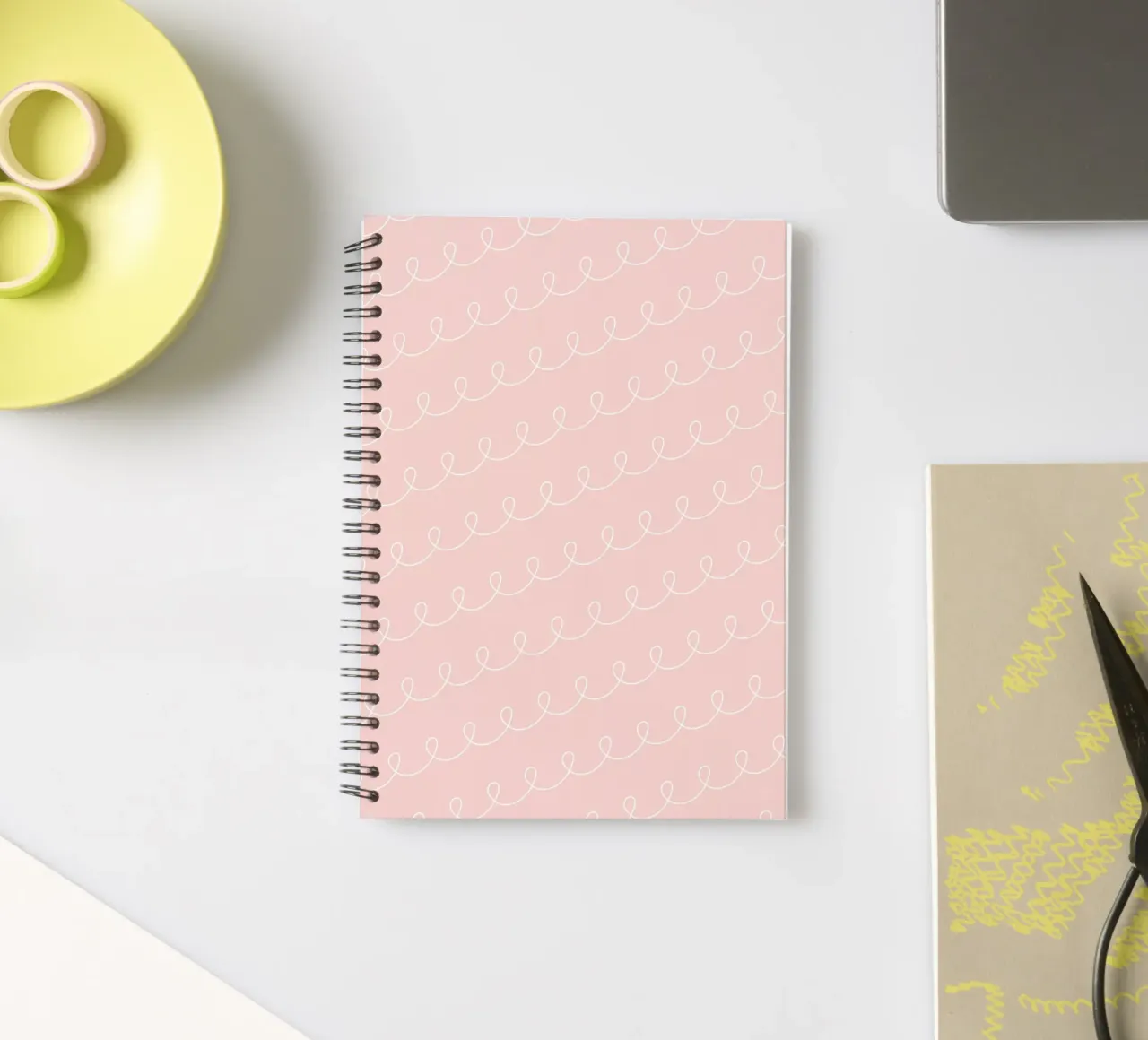 Minimal Geometric Looping Line Drawing | White on Dusty Pink spiral notebook by Beauty in Simplicity