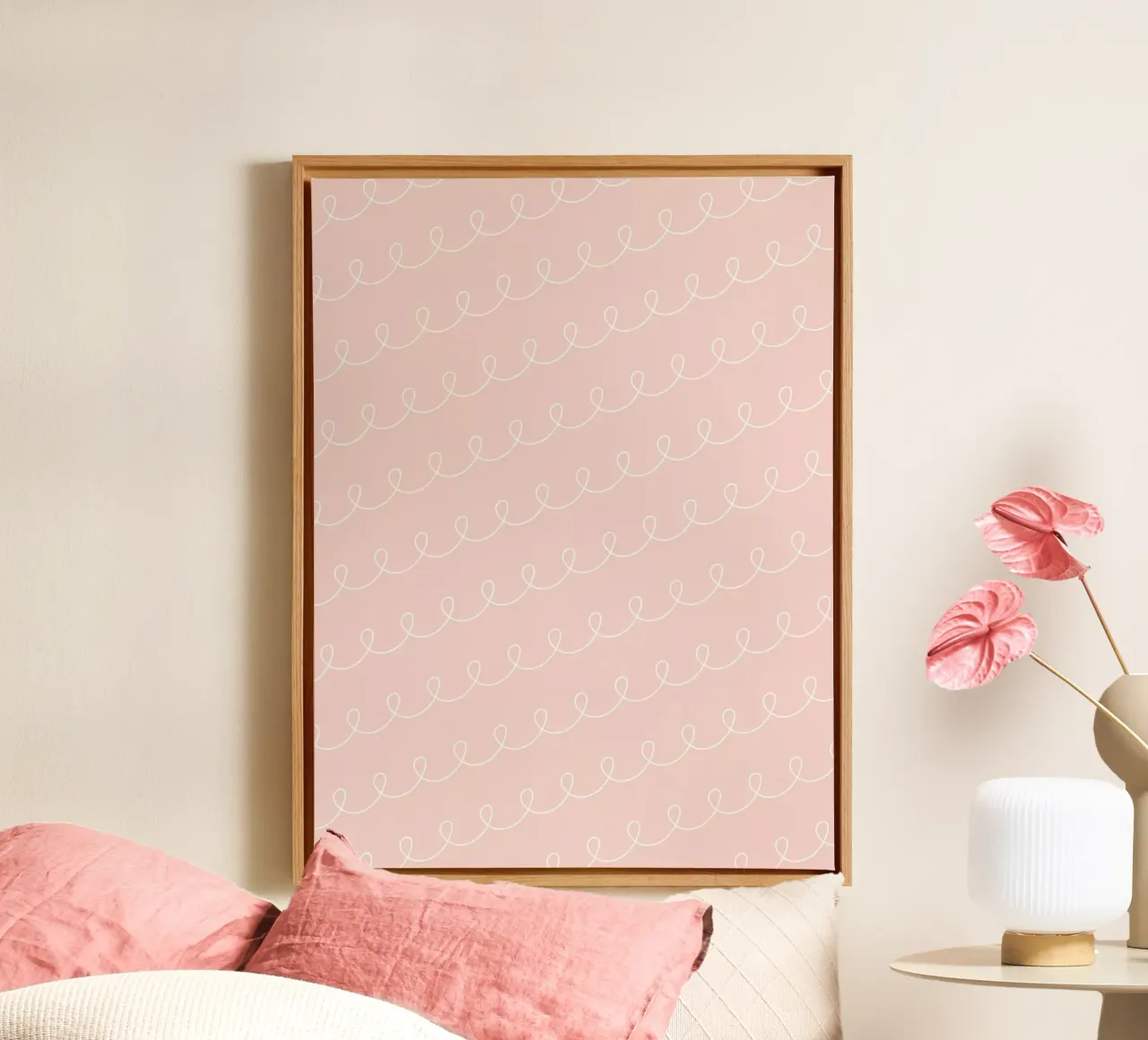 Minimal Geometric Looping Line Drawing | White on Dusty Pink canvas by Beauty in Simplicity
