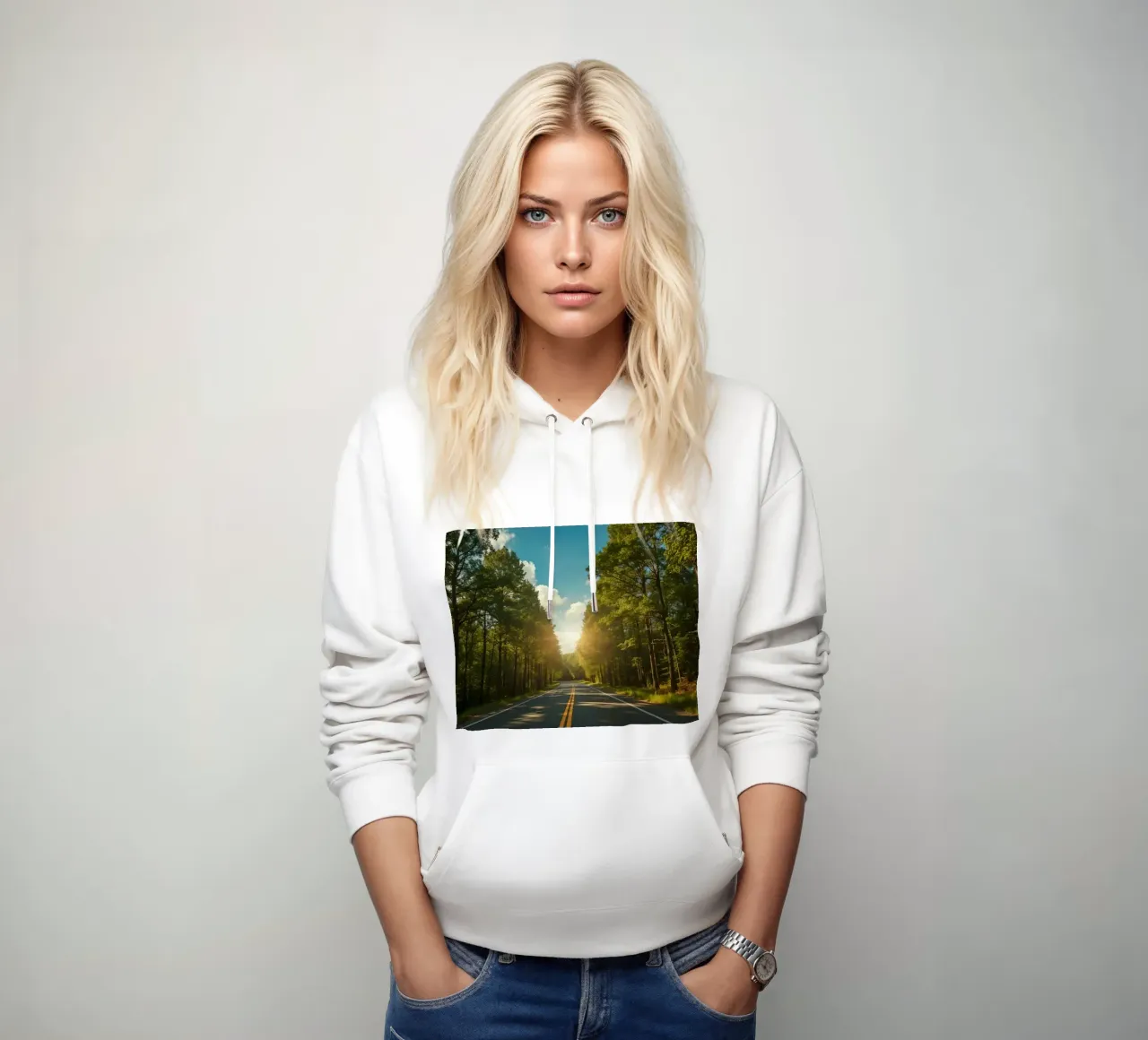 Strada forestale calma con sole splendente felpa con cappuccio da DesignDoodle