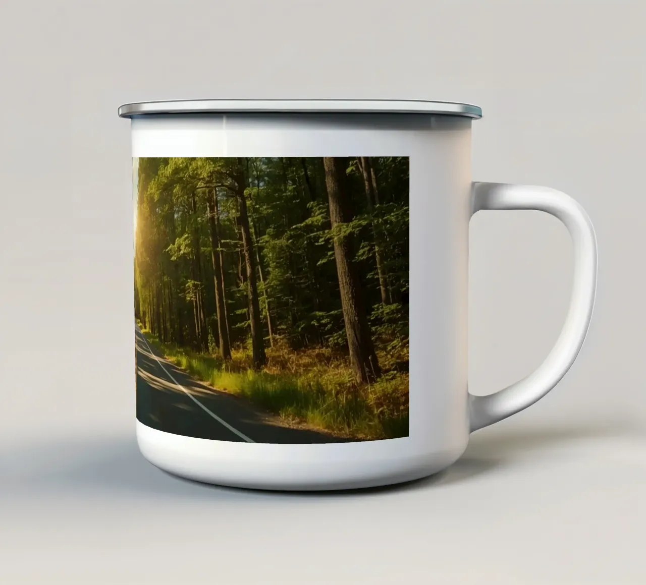 Strada forestale calma con sole splendente tazza in smalto da DesignDoodle