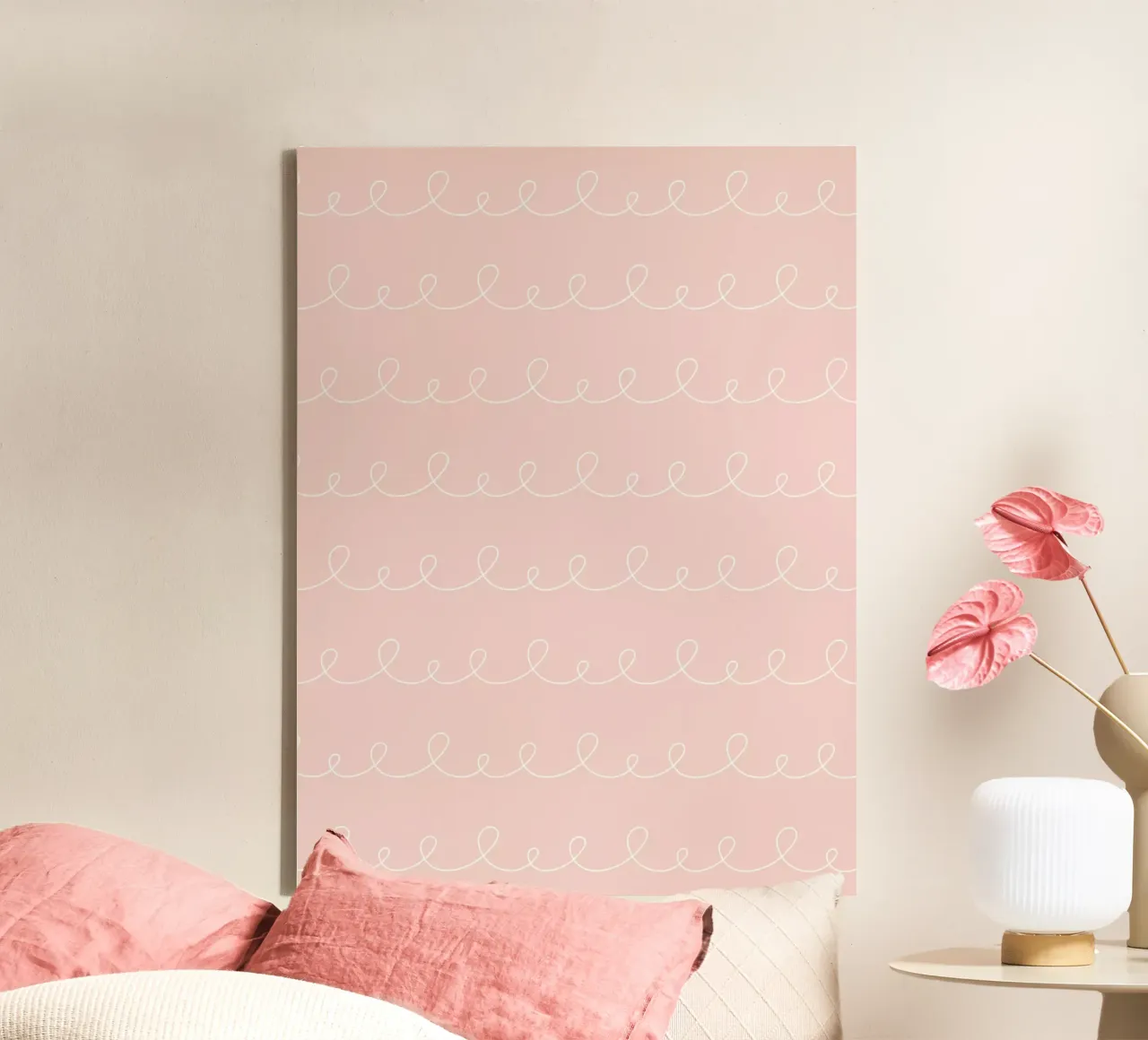 Linee geometriche minimali ad anello, bianco su rosa cipria tela con Cornice a cassetta da Beauty in Simplicity