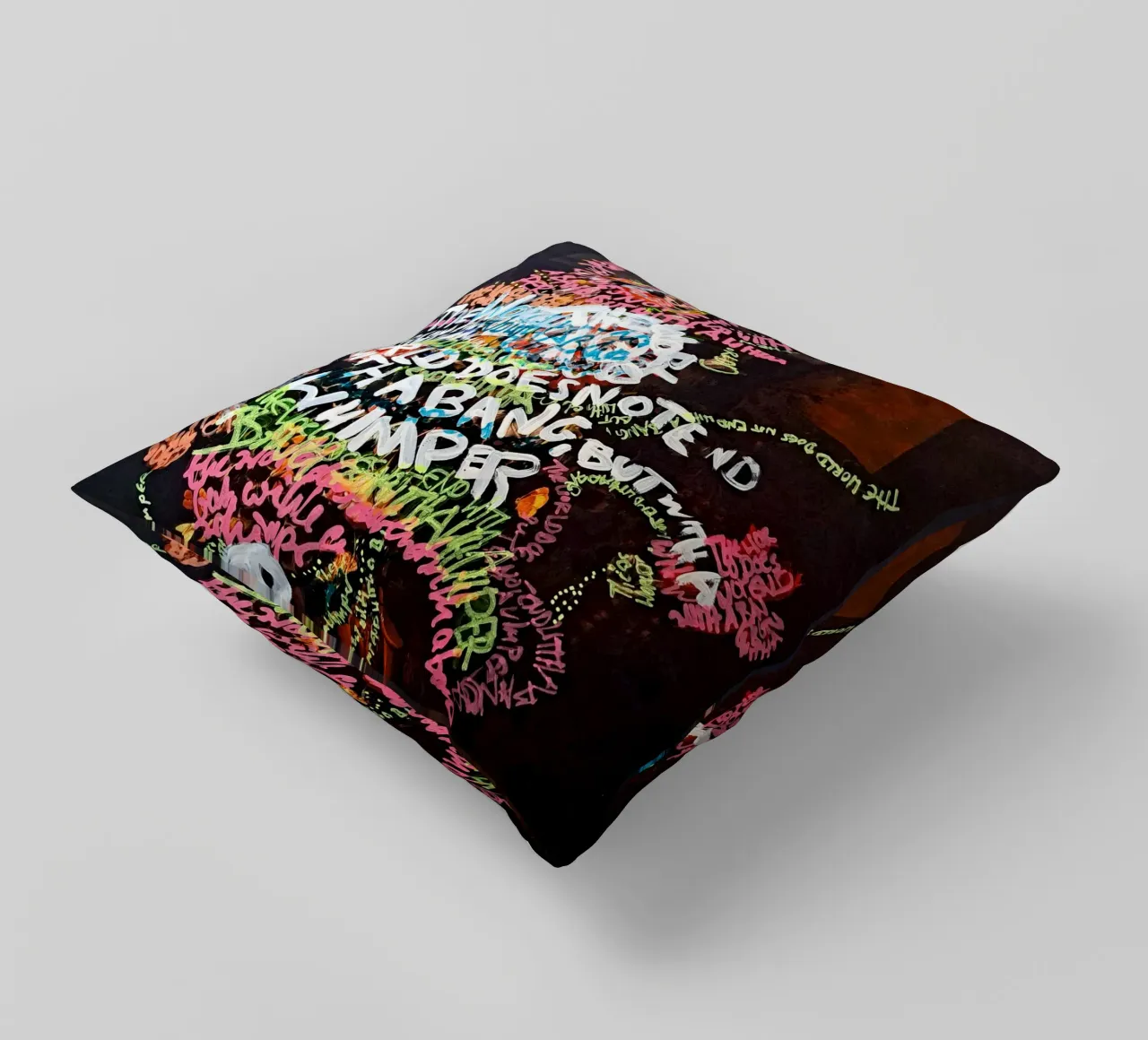 The world does not end with a bang, but with a whimper decorative cushion by Trash is dada Official
