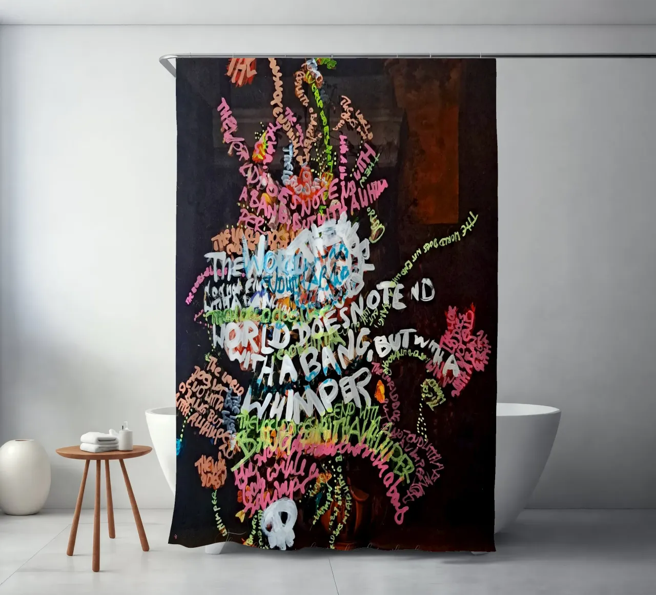 The world does not end with a bang, but with a whimper shower curtain by Trash is dada Official