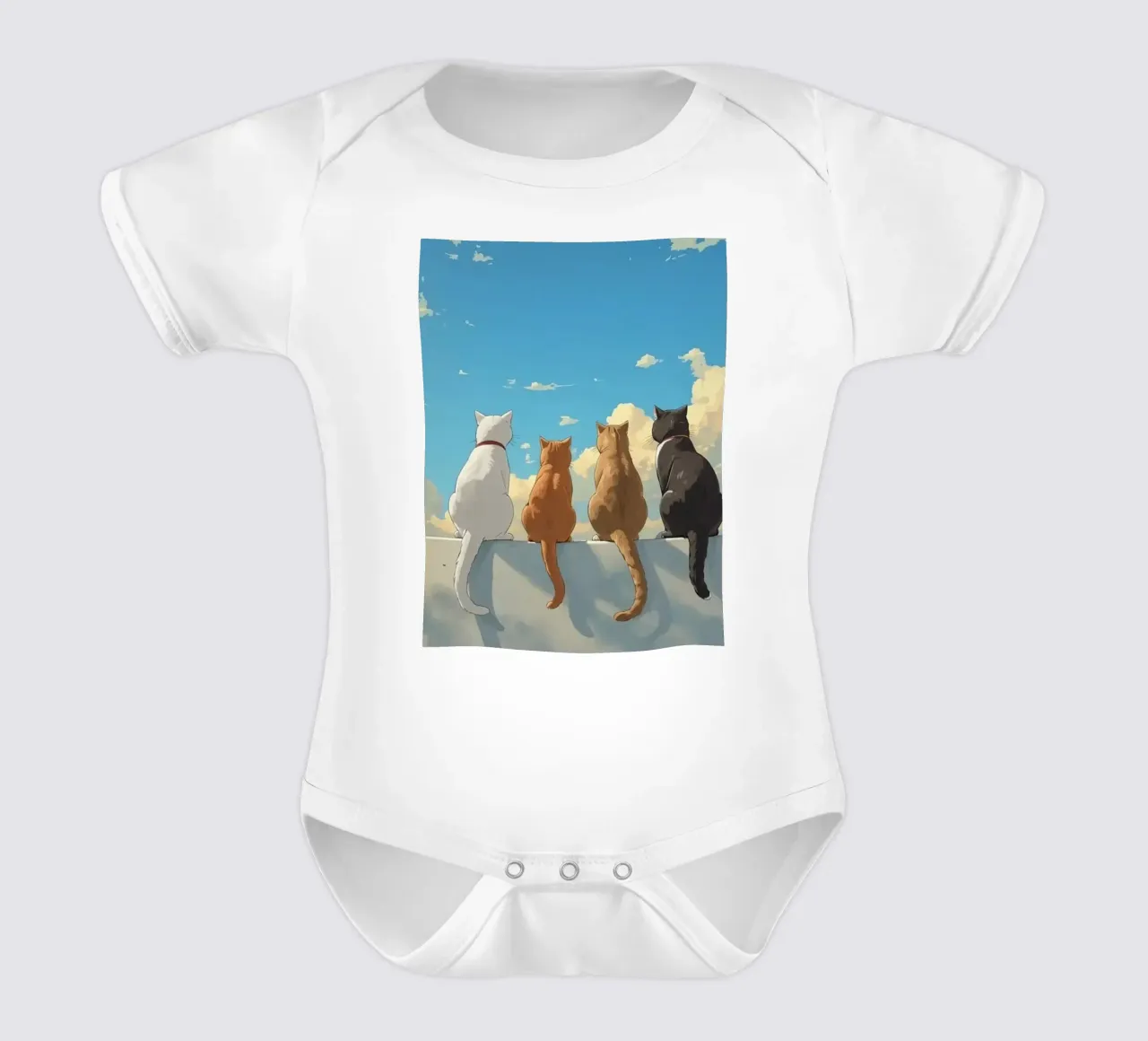 Quatre chats assis sur une corniche dans un ciel nuageux body bébé de DesignDoodle
