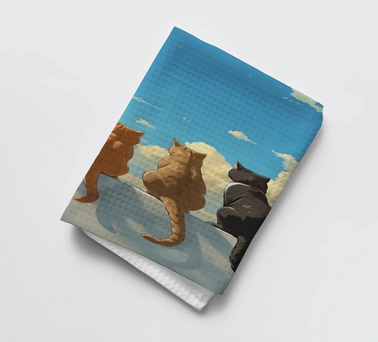 Quatre chats assis sur une corniche dans un ciel nuageux torchon de DesignDoodle