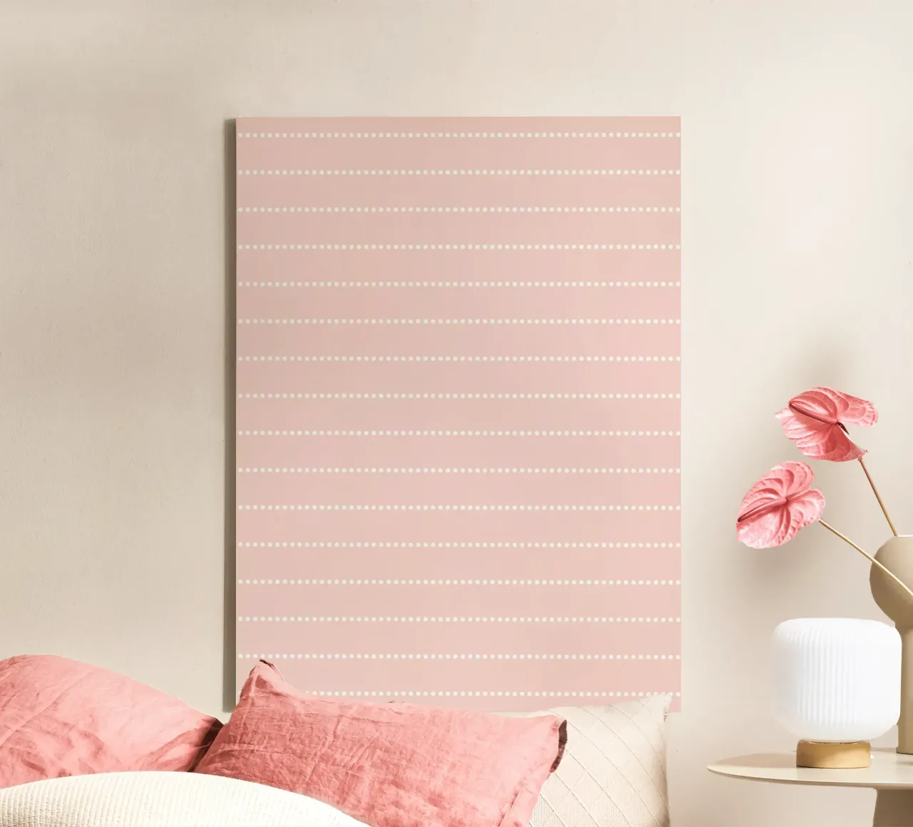 Minimal Scandi a strisce punteggiate | Bianco su rosa cipria tela con Cornice a cassetta da Beauty in Simplicity