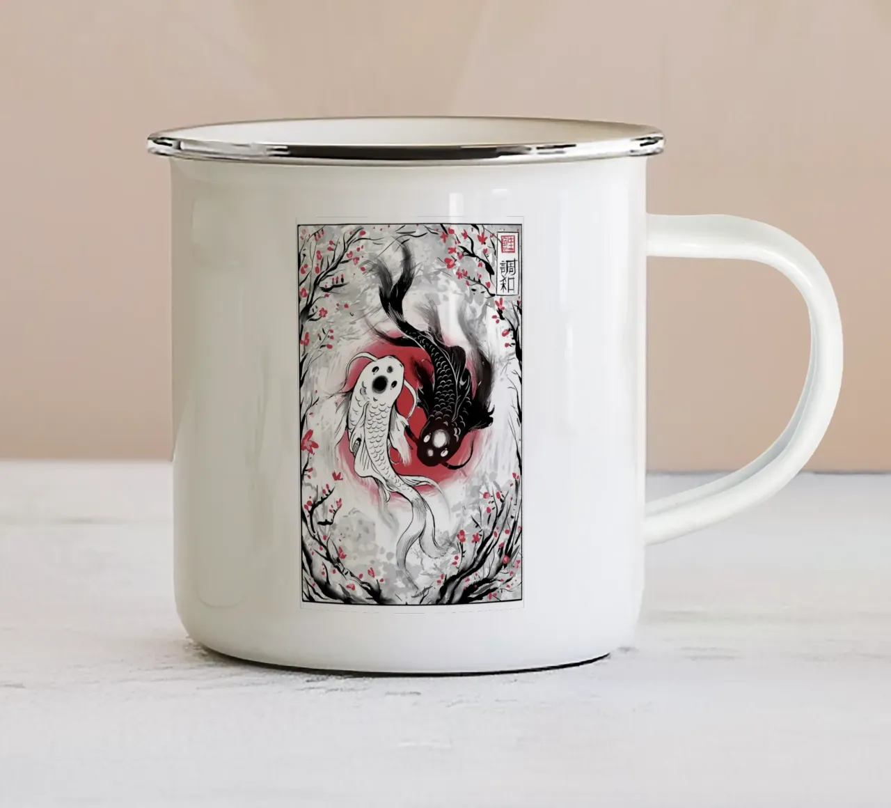 Pesce koi Yin yang tazza in smalto da mesa