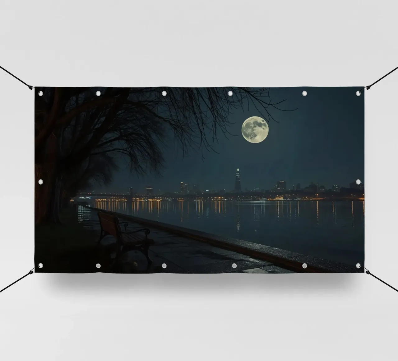 Luna piena sul profilo della città e sul fiume telo in pvc da DesignDoodle