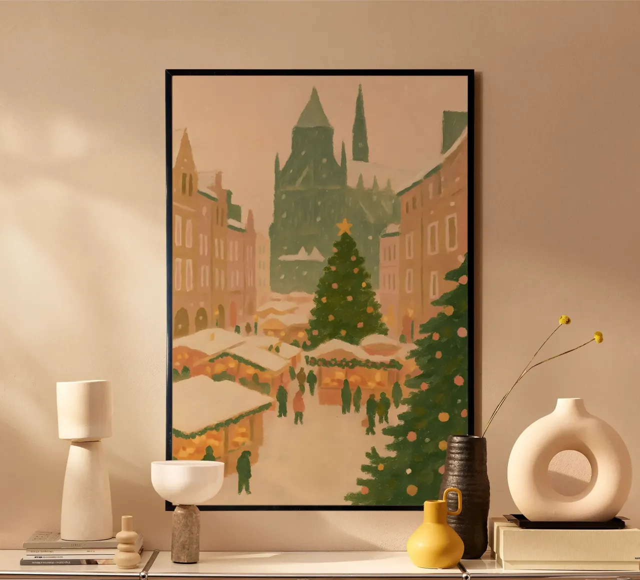 Pastel Christmas Market Painting – Cozy Winter Town Scene poster by Ever after