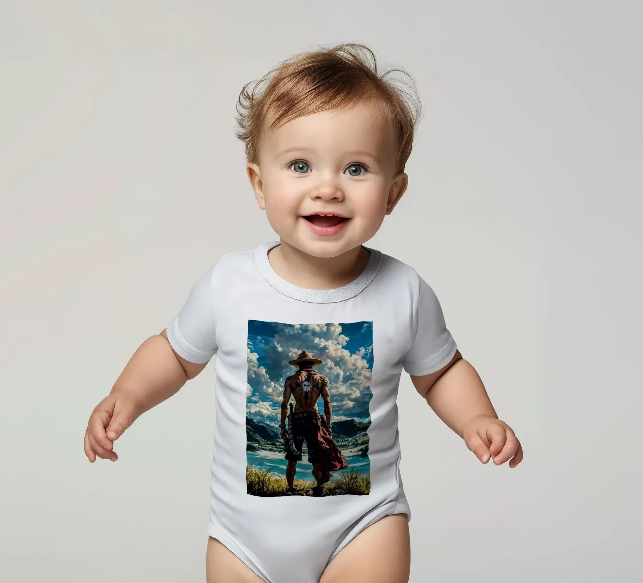 LUFFY PEZZO UNICO IN SPIAGGIA body neonato maniche corte da posterindo