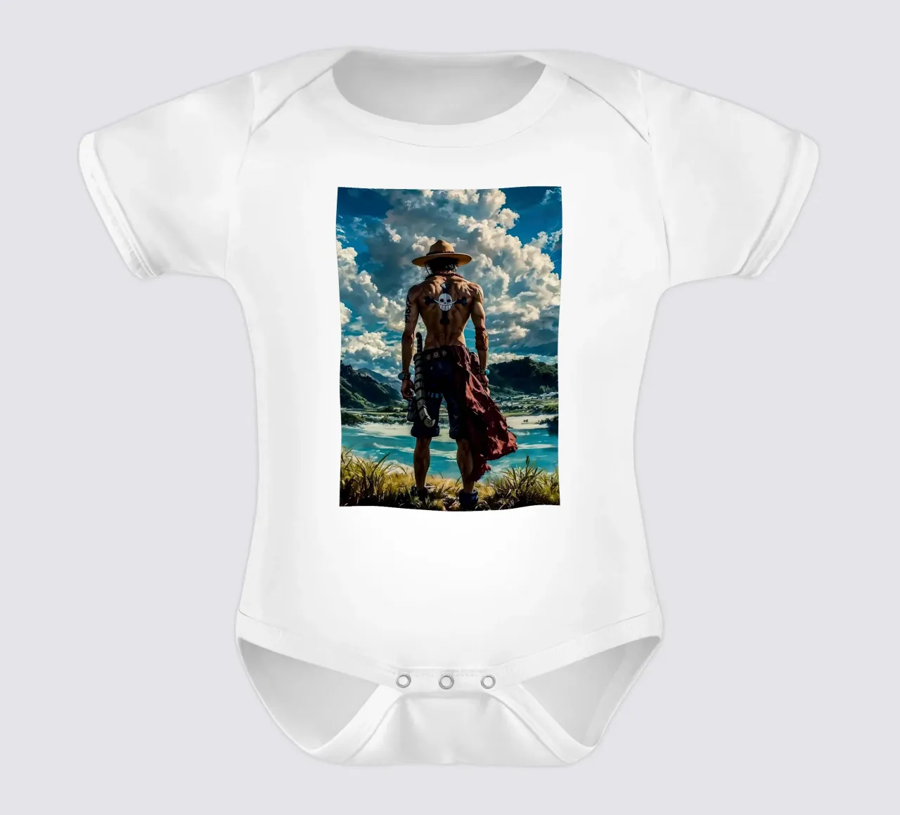 LUFFY PEZZO UNICO IN SPIAGGIA body neonato maniche corte da posterindo