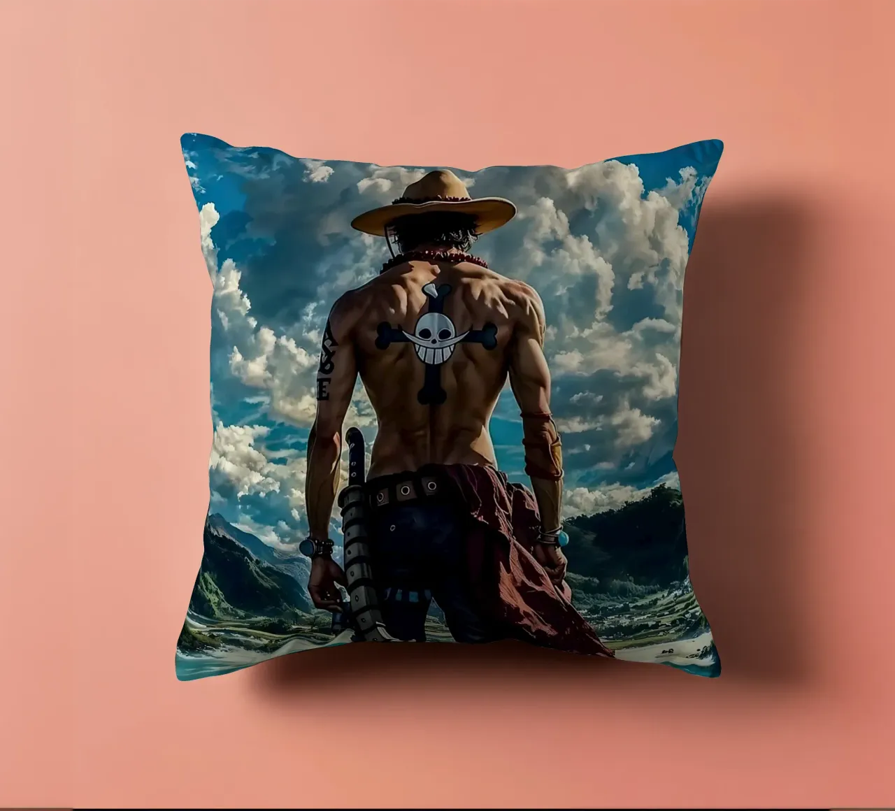 LUFFY PEZZO UNICO IN SPIAGGIA cuscino da posterindo