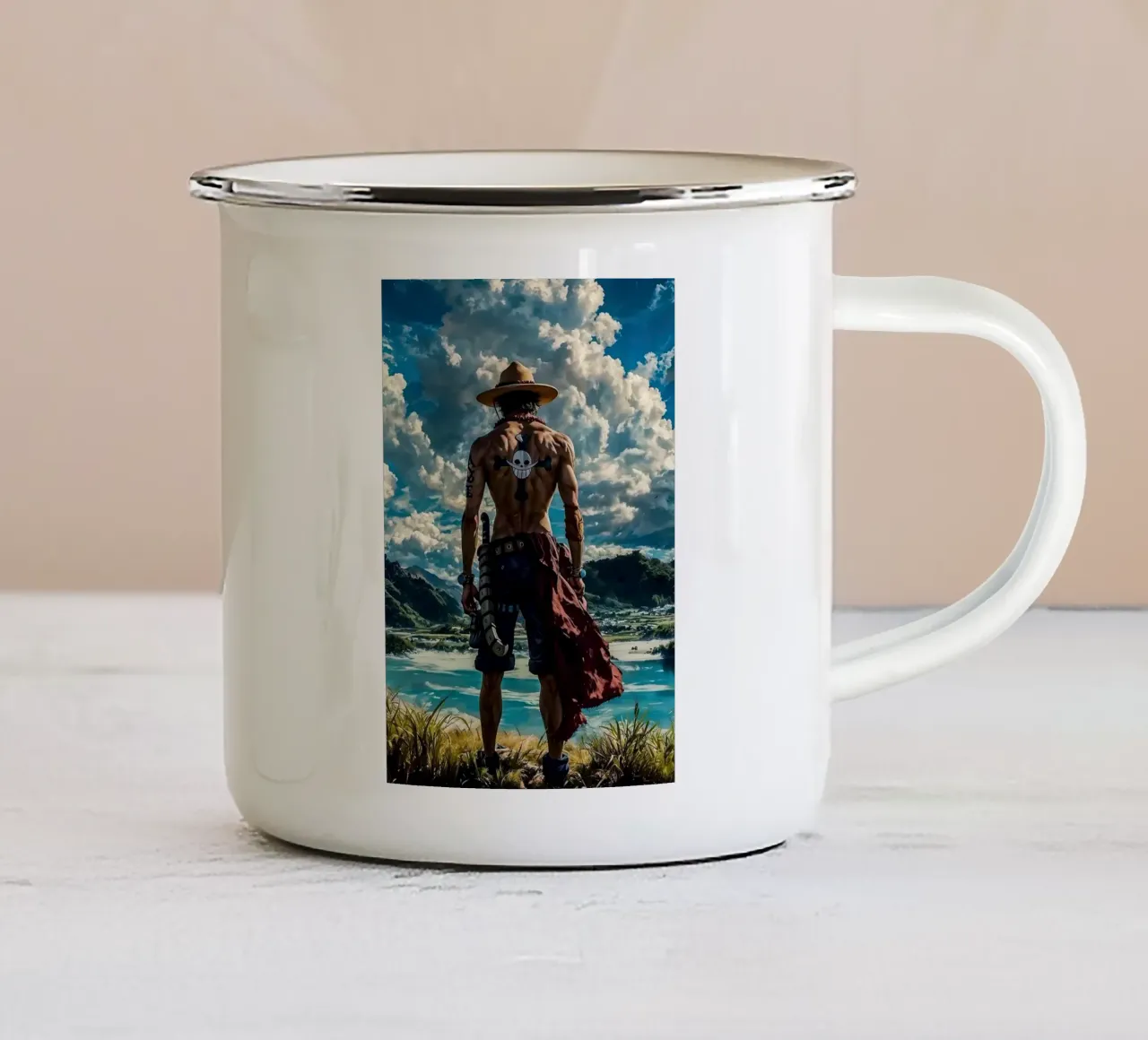 LUFFY PEZZO UNICO IN SPIAGGIA tazza in smalto da posterindo