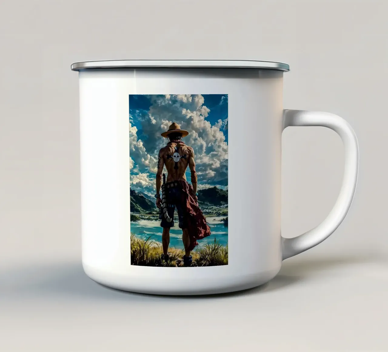 LUFFY PEZZO UNICO IN SPIAGGIA tazza in smalto da posterindo
