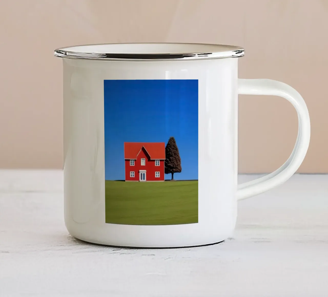 red house with tree on hill tazza in smalto da comura