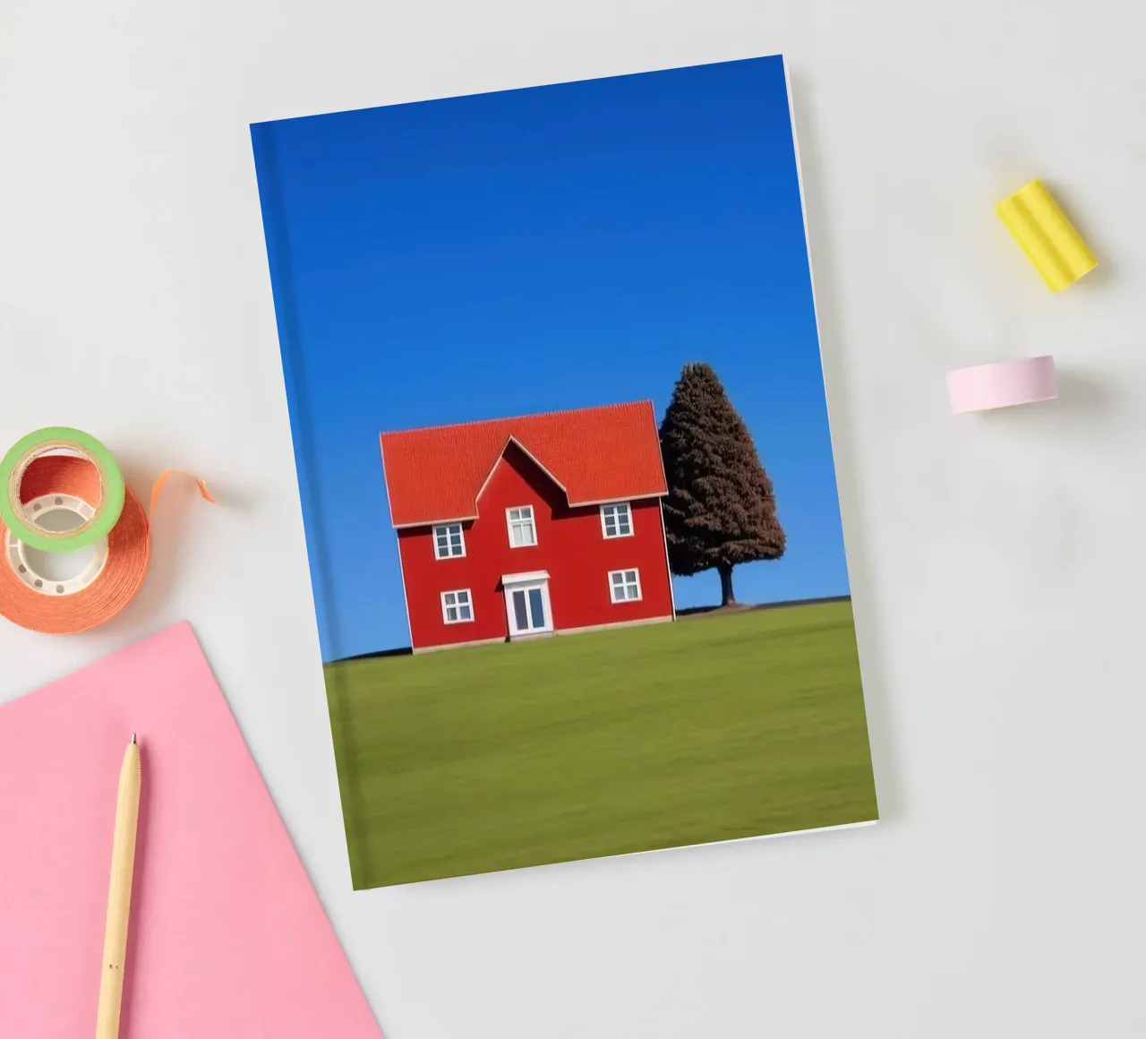 red house with tree on hill notebook by comura
