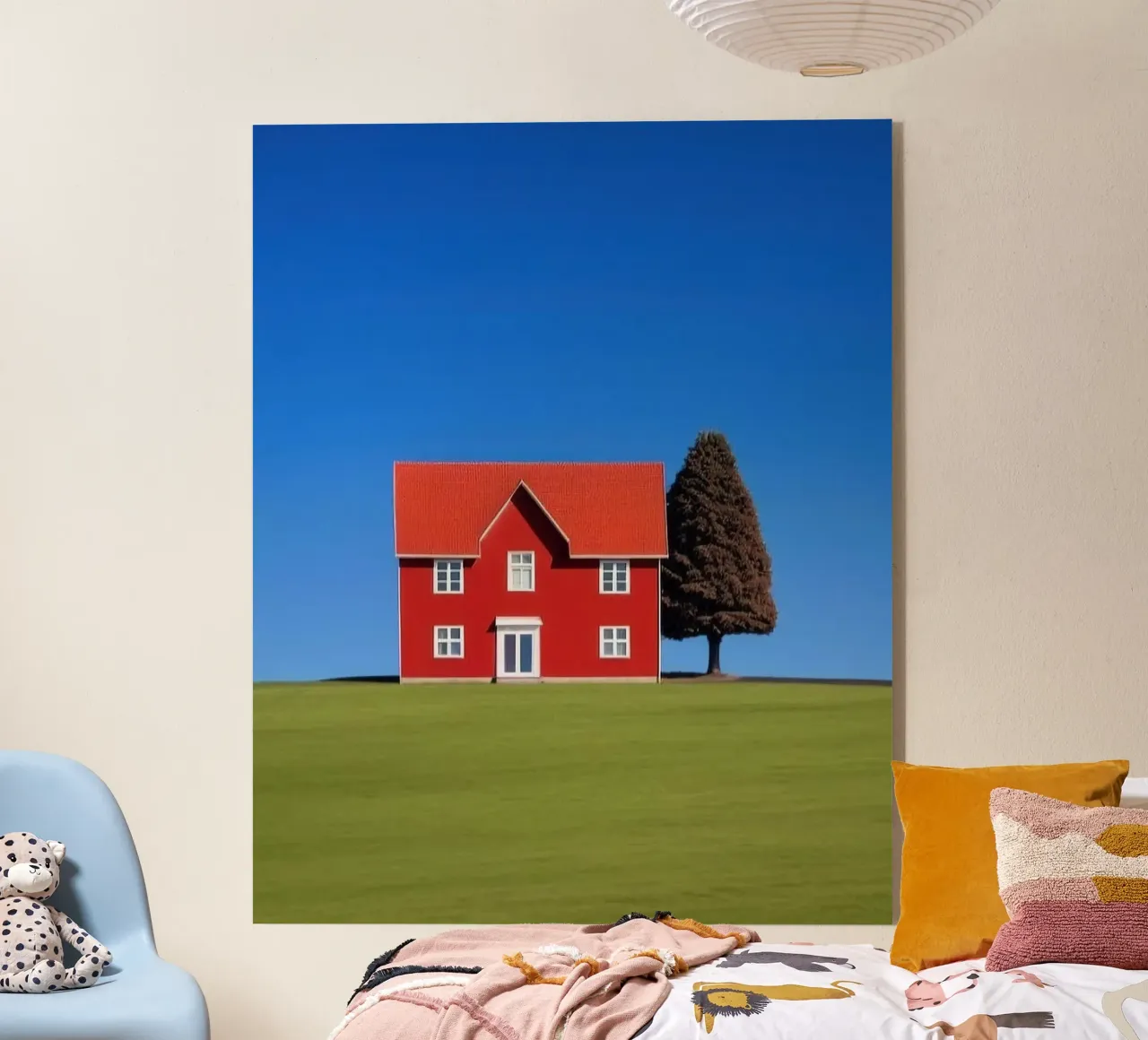 red house with tree on hill plexiglass da comura